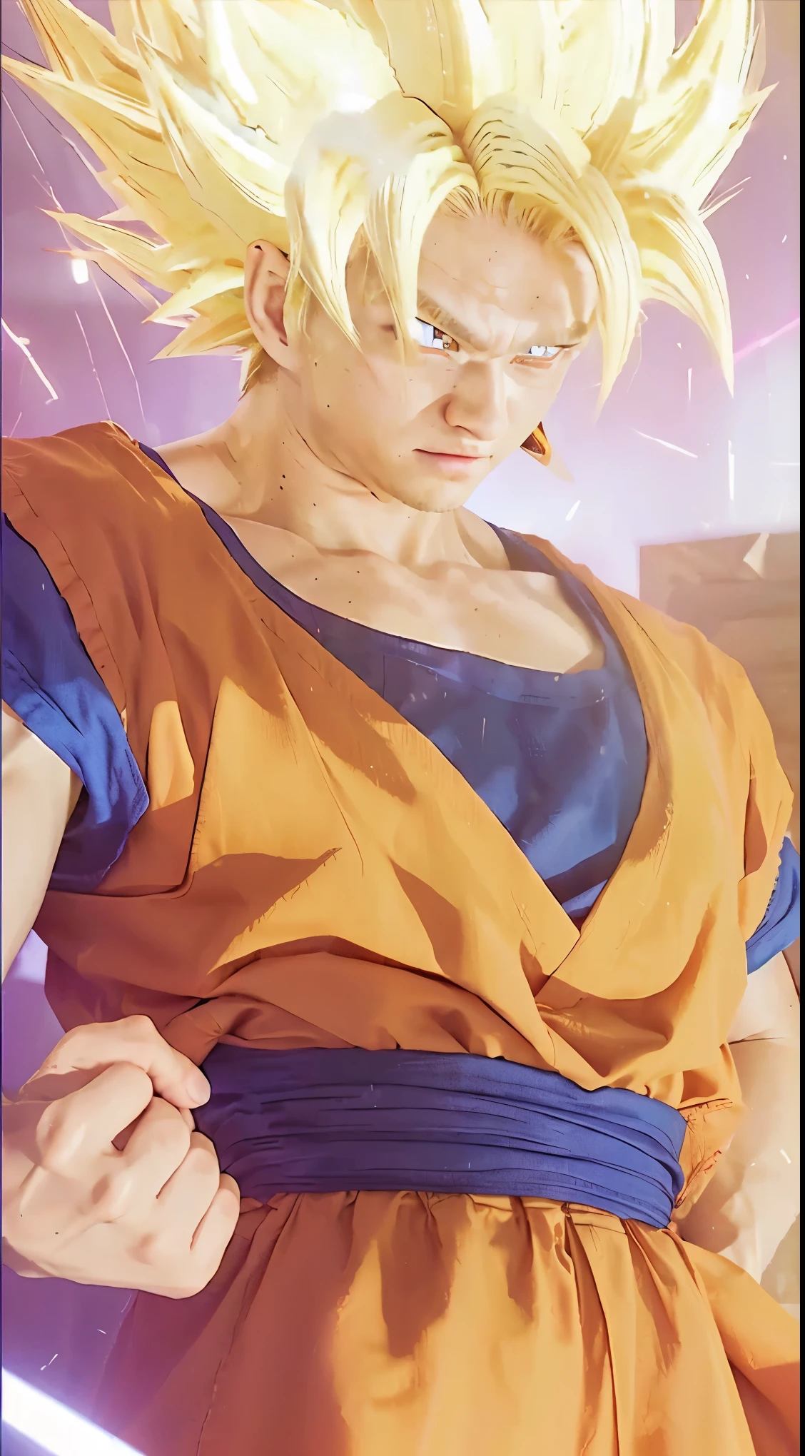 super saiyan goku convert to real life, real eyes, real hair, real skin, real lighting, photorealistic, 8k
