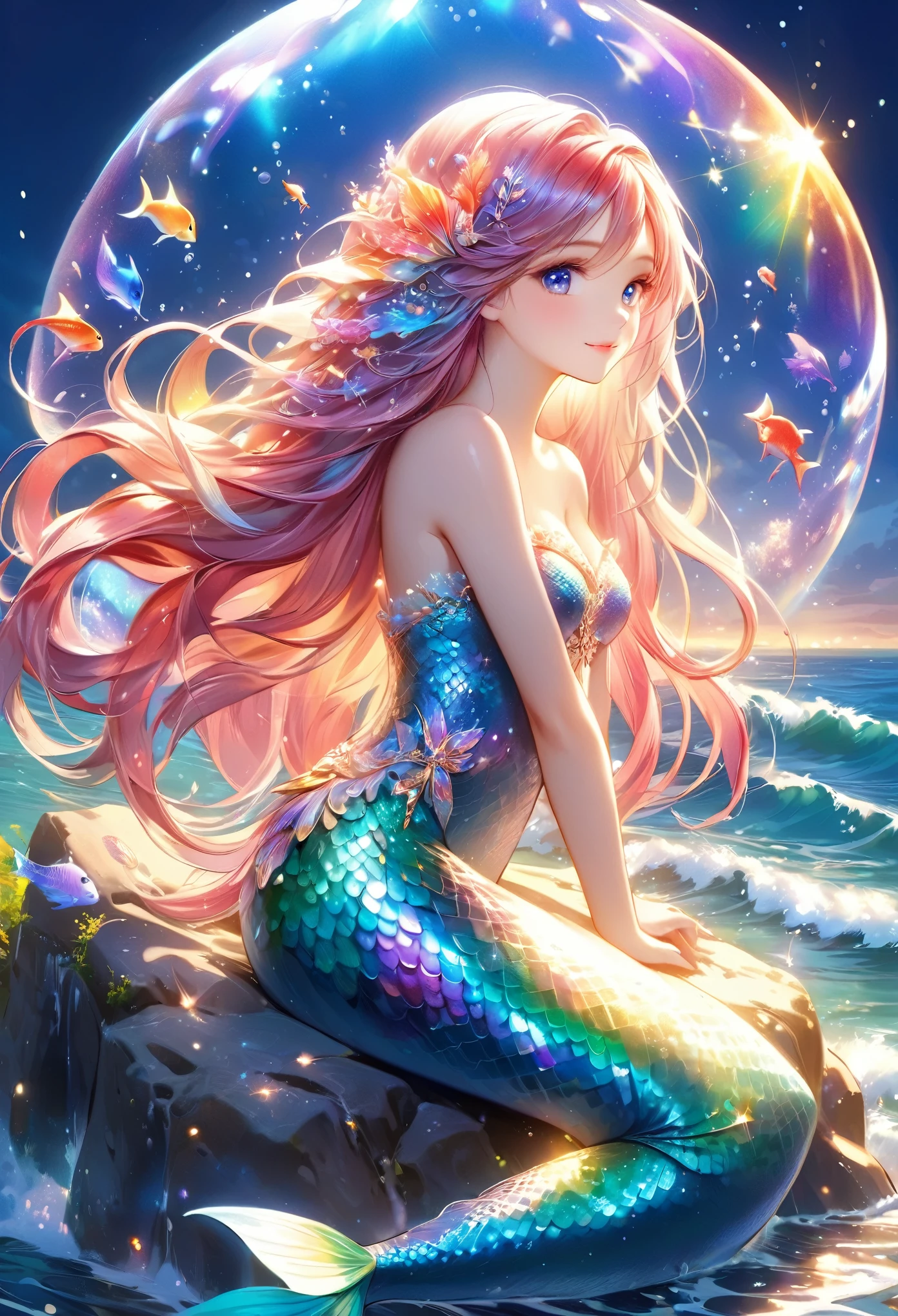 A beautiful mermaid with flowing,iridescent scales and long,flowing hair. She is sitting on a rock by the sea under the moonlight,surrounded by gentle waves and sparkling sea creatures.,(Style: Classic fantasy, realistic),(Details: Long hair, iridescent scales, moonlight, sea creatures, gentle waves),(anatomically correct),Highest quality,great quality,16k,incredibly absurd,very detailed,detailed and beautiful eyes,smooth and beautiful skin,Beautiful hair with shiny details,Draw carefully to the details,Complex gradations like watercolors,Brightly colored,great color balance,happy dream,zentangle elements,rendering,chant colorful spells,((Glitter)),Hologram processing,fantastic,magic effect,Place fine particles of light,Carefully draw the face line,attractive,natural makeup