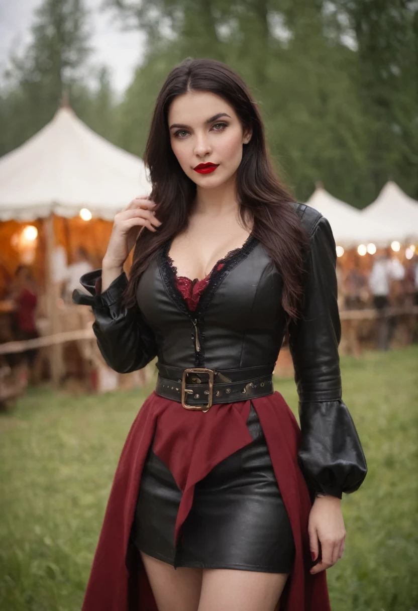Busty, demure, 20 year old, black hair, russian, beautiful woman, mild red lipstick, red open front blouse, black leather micro skirt, black high heels, thigh boots, full body view, medieval fair, pirate costume, tavern wench, outside, medieval tents in background