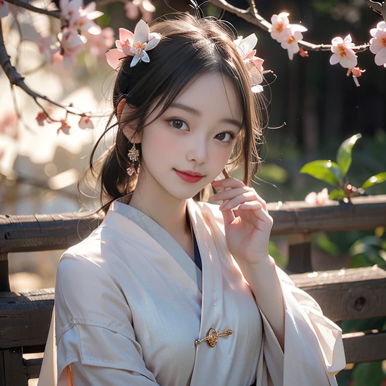 Superb Quality, Masterpiece, High Resolution, 1Girl, Blush, (Charming Smile: 0.8), Star Eyes, Caucasian female wearing hanfu, Hair Accessories, Jewelry, Beauty, on_body, Tyndall Effect, Realistic, Peach Blossom Forest, Light Edge, Two-tone Lighting, (High Detail Skin: 1.2), 8K UHD, DSLR, Soft Light, High Quality, Volume Lighting, Voyeur, Photo, High Resolution, 4K, 8K, Background Blur, nsfw, subtle nudity, exposed,edgTemptation