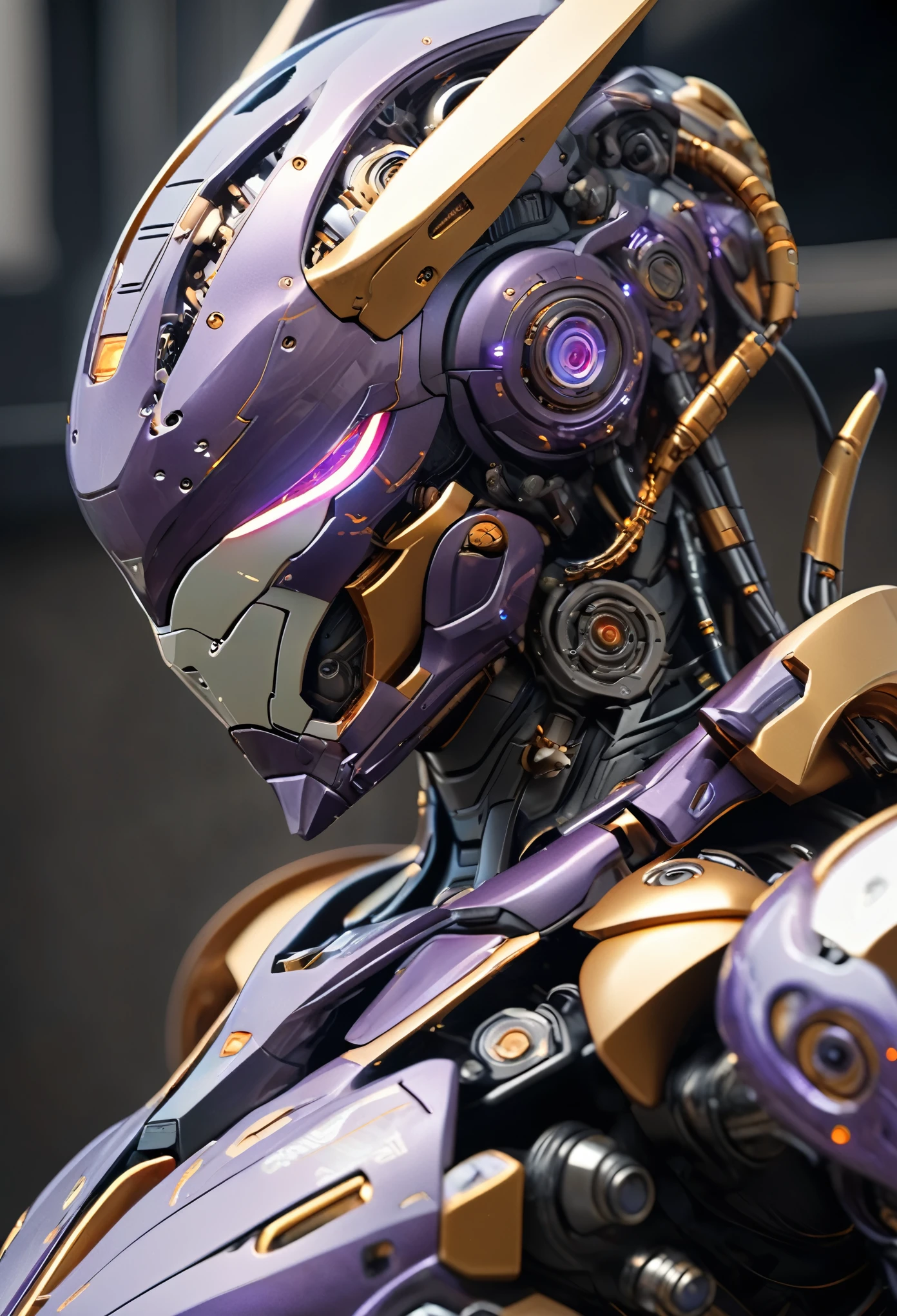 (best quality,4k,8k,highres,masterpiece:1.2),ultra-detailed,(realistic,photorealistic,photo-realistic:1.37), realistic mecha suit inspired by a female, erotic body, highly detailed, hyper realistic, 8k, photorealistic, intricate machinery, feline features, sleek aerodynamic design, sharp claws, cat-like movements, glowing eyes, metallic sheen, complex mechanical parts, advanced technology, cinematic lighting, dynamic pose, detailed texture, futuristic, concept art style, whole body, purple, black, gold