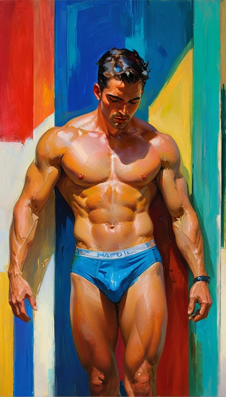 chiaroscuro technique on sensual illustration of an arafed man in white underwear, sexy masculine, diego fazio, male model, by Ludovit Fulla, model with attractive body, inspired by Ludovit Fulla, mid-shot of a hunky, the model draped in flowing, thick oil painting by Harumi Hironaka, extremely soft colors, vibrant, highly detailed, malcolm liepke painting, oil on canvas, high contrast, dramatic, refined, tonal, Create high contrast between light and shadow Include subtle highlights to accentuate the facial features and the glass shards