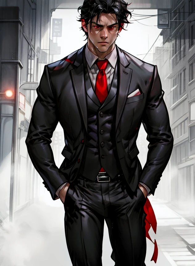 a handsome muscular man, black hair, red eyes, sweaty, wearing an opened black suit with grey tie, tight social pants with black belt, walking alone at night on the street, detailed face, photo-realistic, cinematic lighting, dramatic atmosphere, masterpiece, 8k, hyper-detailed