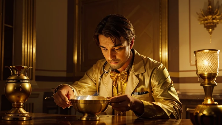 /image prompt A men doctor in the palace mixing a medicine in a bowl which it seems very bright and gold in colour 3D imagination, personality