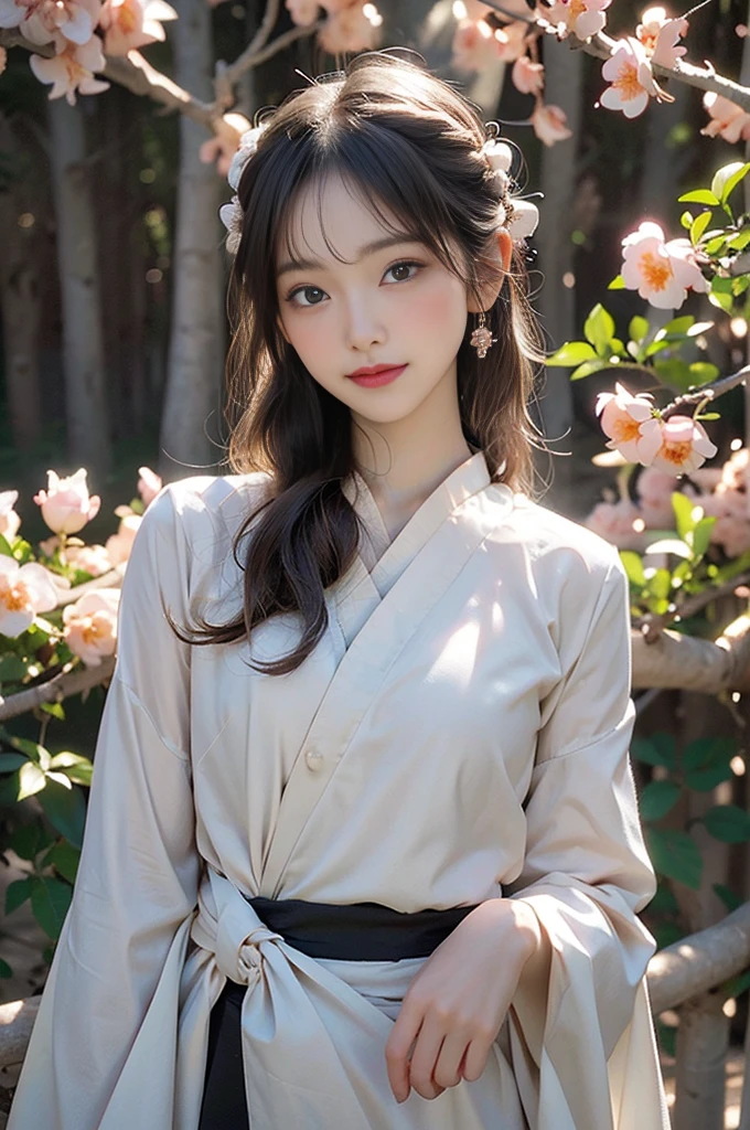 Superb Quality, Masterpiece, High Resolution, 1Girl, Blush, (Charming Smile: 0.8), Star Eyes, Caucasian female wearing hanfu, Hair Accessories, Jewelry, Beauty, on_body, Tyndall Effect, Realistic, Peach Blossom Forest, Light Edge, Two-tone Lighting, (High Detail Skin: 1.2), 8K UHD, DSLR, Soft Light, High Quality, Volume Lighting, Voyeur, Photo, High Resolution, 4K, 8K, Background Blur, nsfw, subtle nudity, exposed,edgTemptation
