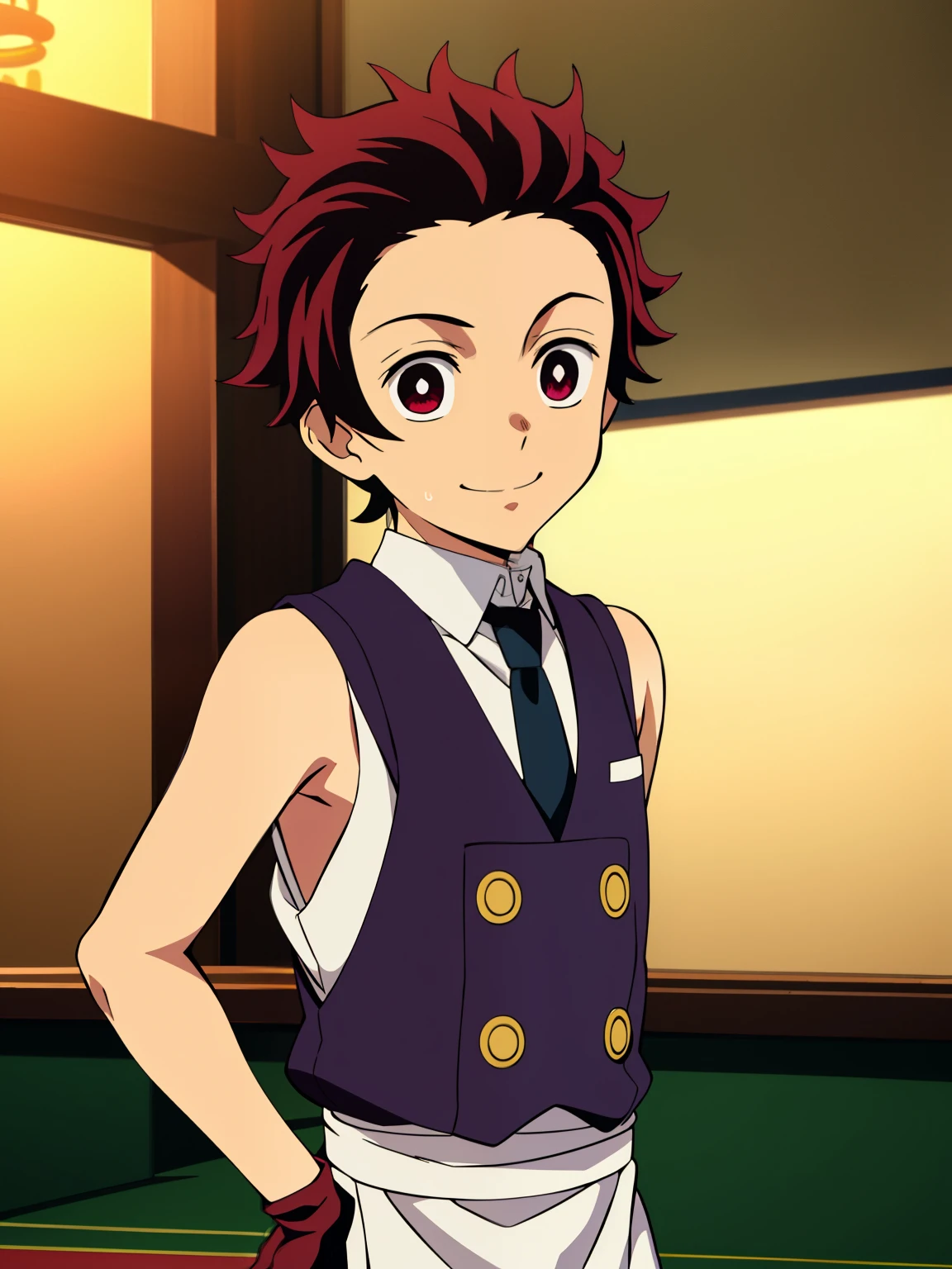 Highres, Masterpiece, Best quality at best,Best Quality,hight quality, hight detailed, Anime style, 1boy, Boy, Shota, Solo person, Tanjiro_kamado, Demon slayer, Sleeveless vest, Tie, Gloves, Choker, Casino, Waiter, night day, Slim body, smile, sweat, Body, Simple beckground, Seen from the front, Serving food, (very young boy), (very small and short body)