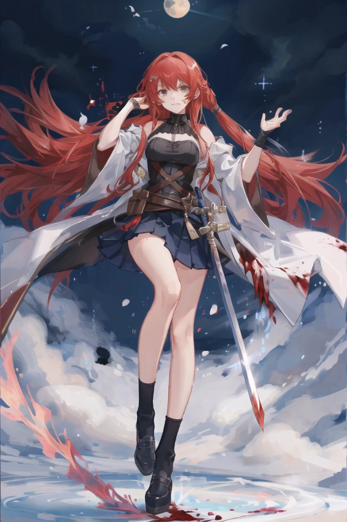 Eliminate the Masterpiece, best quality, Ultra-high quality CG, Elijah I, 1 girl, Solitary, Red long hair, Looking at the audience, skirt, Wide sleeves, black skirt, Blood-red, wielding a sword, frenzy, blood