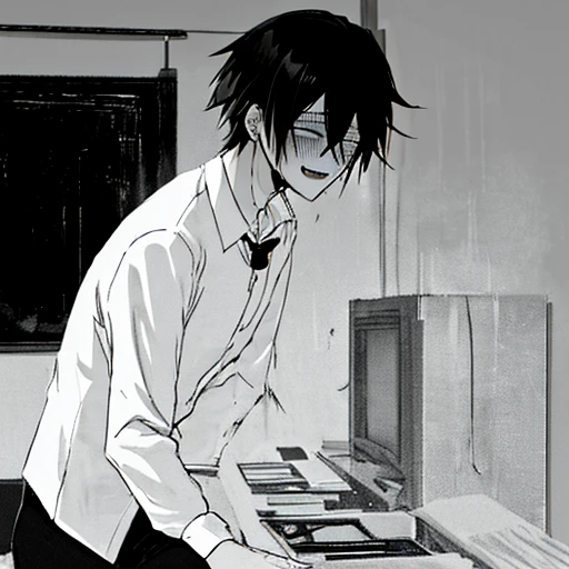 Anime boy, simple straight black hair, panic emotions, pale, miserable, panic, need help, black theme, dark, creepy, weird, white shirt, pathetic, lost mind, weirdo, man, thin, dirty, he looks scary, black yandere, creepy smile, scary actions, looks like an addict, blushing in pain, handsome creepy guy, grayscale