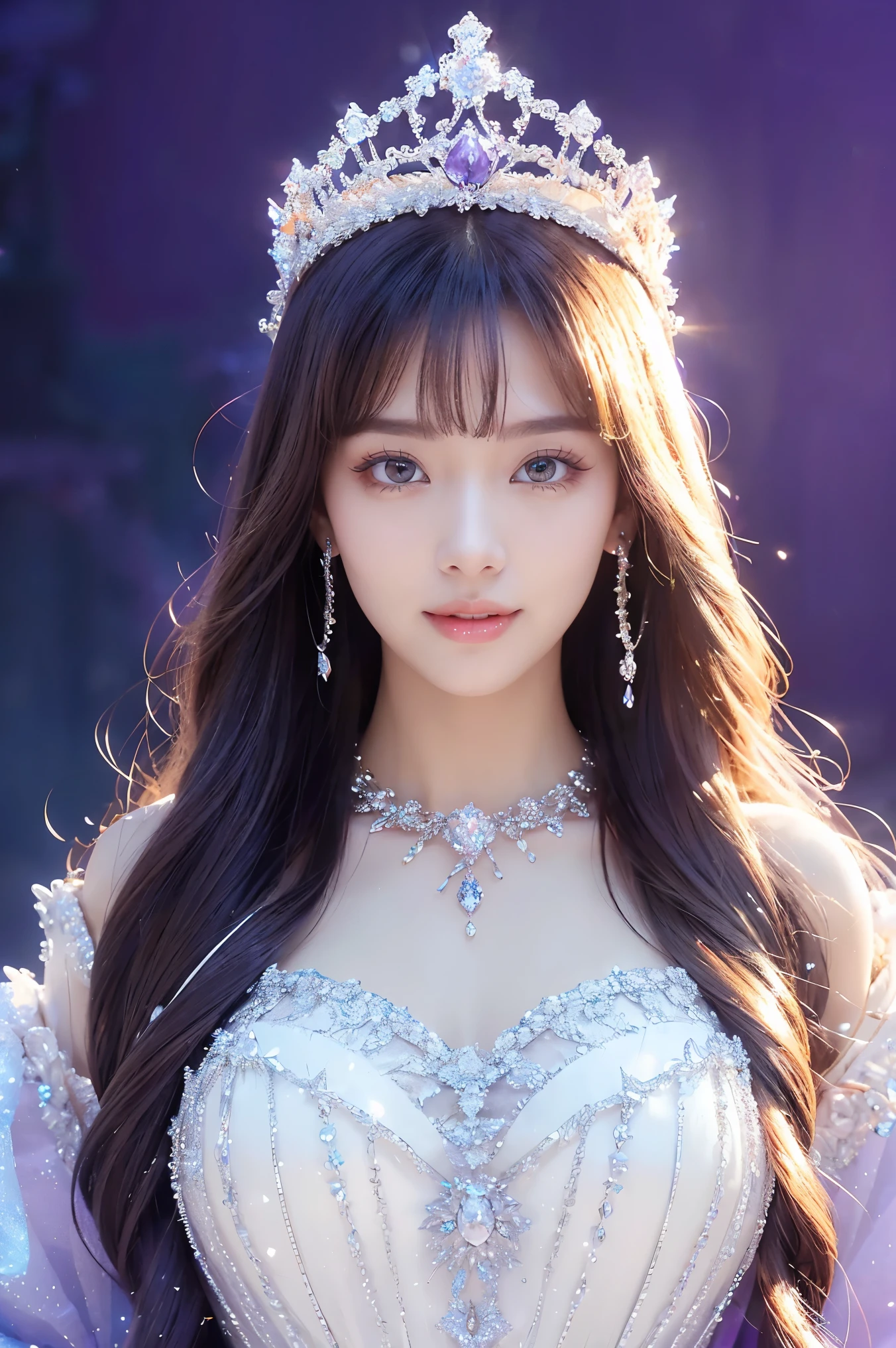 (masterpiece、highest quality、Best image quality、8k、Award-winning works)、One Goddess、(The most extravagant, Sparkling, Luxury Giant Costume:1.1)、(The most luxurious and highest quality giant tiara:1.1)、(The most luxurious and highest quality giant necklace:1.1)、(A top-class goddess costume with a beautiful purple and white gradation:1.2)、(The goddess's elaborately decorated costume shines in purple and white..:1.1)、(絶妙な紫と白のグラデーションが美しいhighest qualityの女神コスチューム:1.1)、Upper body photo、(Look at me with your best smile:1.2)、Big Breasts、Beautiful transparent sleeves of the highest quality、(High quality transparent sleeve with jewel embellishment:1.1)、Publish one'shoulder、Standing Elegantly、(The backdrop of the most luxurious palace made of ice:1.4)、(The most elaborate and luxurious ice palace cathedral:1.3)、(Inside the most mysterious giant ice palace:1.4)、(The most beautiful cathedral made of crystal clear ice:1.4)、(Beautiful transparent ice:1.1)、(Mysterious fairy tale light blue fog:1.15)、The background is an elaborate ice palace、Beautiful ice ceiling、(Palace interior background made of intricately sparkling transparent ice:1.4)、(Elegant palace pillars made of ice:1.05)、The most intricate and luxurious decoration、(A large amount of jewellery:1.1)、最もComplex and detailed background、(that'that'it's snowing:1.1)、fine Sparkling snow、(Tyndall effect:1.1)、Subtle Sparkling snow、Spectacular Cinema Lighting、Perfect Makeup、Long eyelashes、Beautiful eyeshadow、(Accurate anatomy:1.1)、Natural forehead、Complex and detailed background、The most subtle sparkle、A deep background、Low contrast、Surrounded by soft light、(Body facing forward:1.1)、(please lower your arms:1.1)