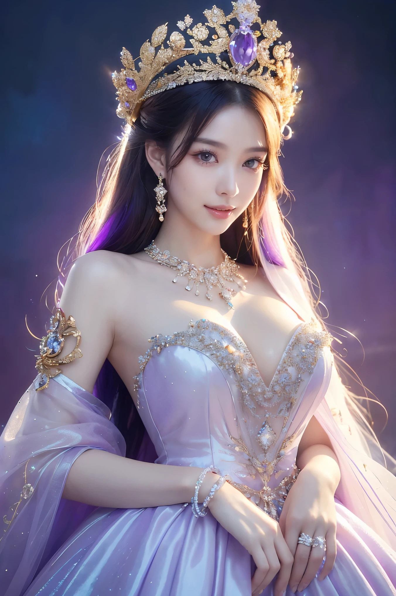 (masterpiece、highest quality、Best image quality、8k、Award-winning works)、One Goddess、(The most extravagant, Sparkling, Luxury Giant Costume:1.1)、(The most luxurious and highest quality giant tiara:1.1)、(The most luxurious and highest quality giant necklace:1.1)、(A top-class goddess costume with a beautiful purple and white gradation:1.2)、(The goddess's elaborately decorated costume shines in purple and white..:1.1)、(絶妙な紫と白のグラデーションが美しいhighest qualityの女神コスチューム:1.1)、Upper body photo、(Look at me with your best smile:1.2)、Big Breasts、Beautiful transparent sleeves of the highest quality、(High quality transparent sleeve with jewel embellishment:1.1)、Publish one'shoulder、Standing Elegantly、(The backdrop of the most luxurious palace made of ice:1.4)、(The most elaborate and luxurious ice palace cathedral:1.3)、(Inside the most mysterious giant ice palace:1.4)、(The most beautiful cathedral made of crystal clear ice:1.4)、(Beautiful transparent ice:1.1)、(Mysterious fairy tale light blue fog:1.15)、The background is an elaborate ice palace、Beautiful ice ceiling、(Palace interior background made of intricately sparkling transparent ice:1.4)、(Elegant palace pillars made of ice:1.05)、The most intricate and luxurious decoration、(A large amount of jewellery:1.1)、最もComplex and detailed background、(that'that'it's snowing:1.1)、fine Sparkling snow、(Tyndall effect:1.1)、Subtle Sparkling snow、Spectacular Cinema Lighting、Perfect Makeup、Long eyelashes、Beautiful eyeshadow、(Accurate anatomy:1.1)、Natural forehead、Complex and detailed background、The most subtle sparkle、A deep background、Low contrast、Surrounded by soft light、(Body facing forward:1.1)、(please lower your arms:1.1)