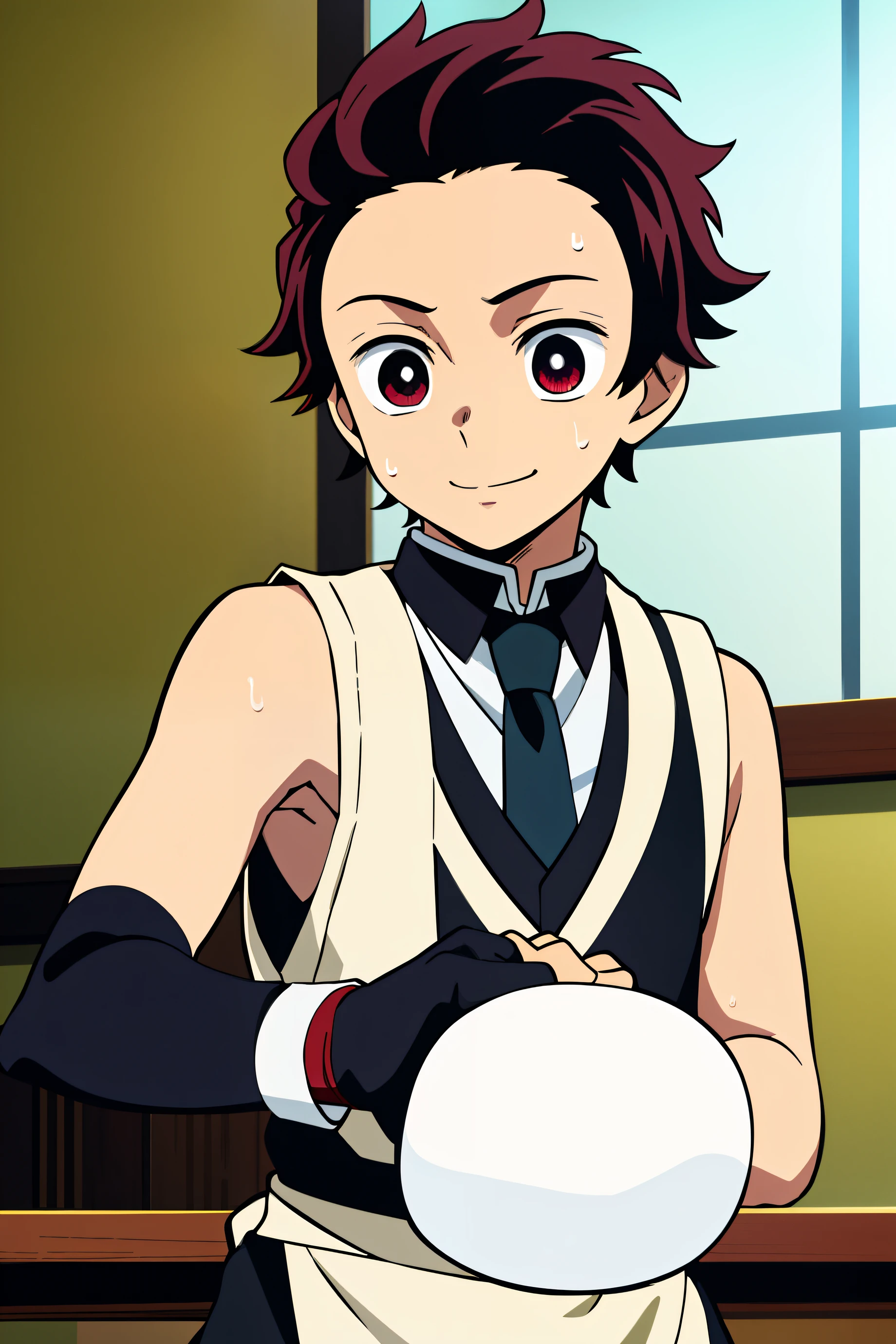 Highres, Masterpiece, Best quality at best,Best Quality,hight quality, hight detailed, Anime style, 1boy, Boy, Shota, Solo person, Tanjiro_kamado, Demon slayer, Sleeveless vest, Tie, Gloves, Choker, Casino, Waiter, night day, Slim body, smile, sweat, Body, Simple beckground, Seen from the front, Serving food, (very young boy), (very small and short body)