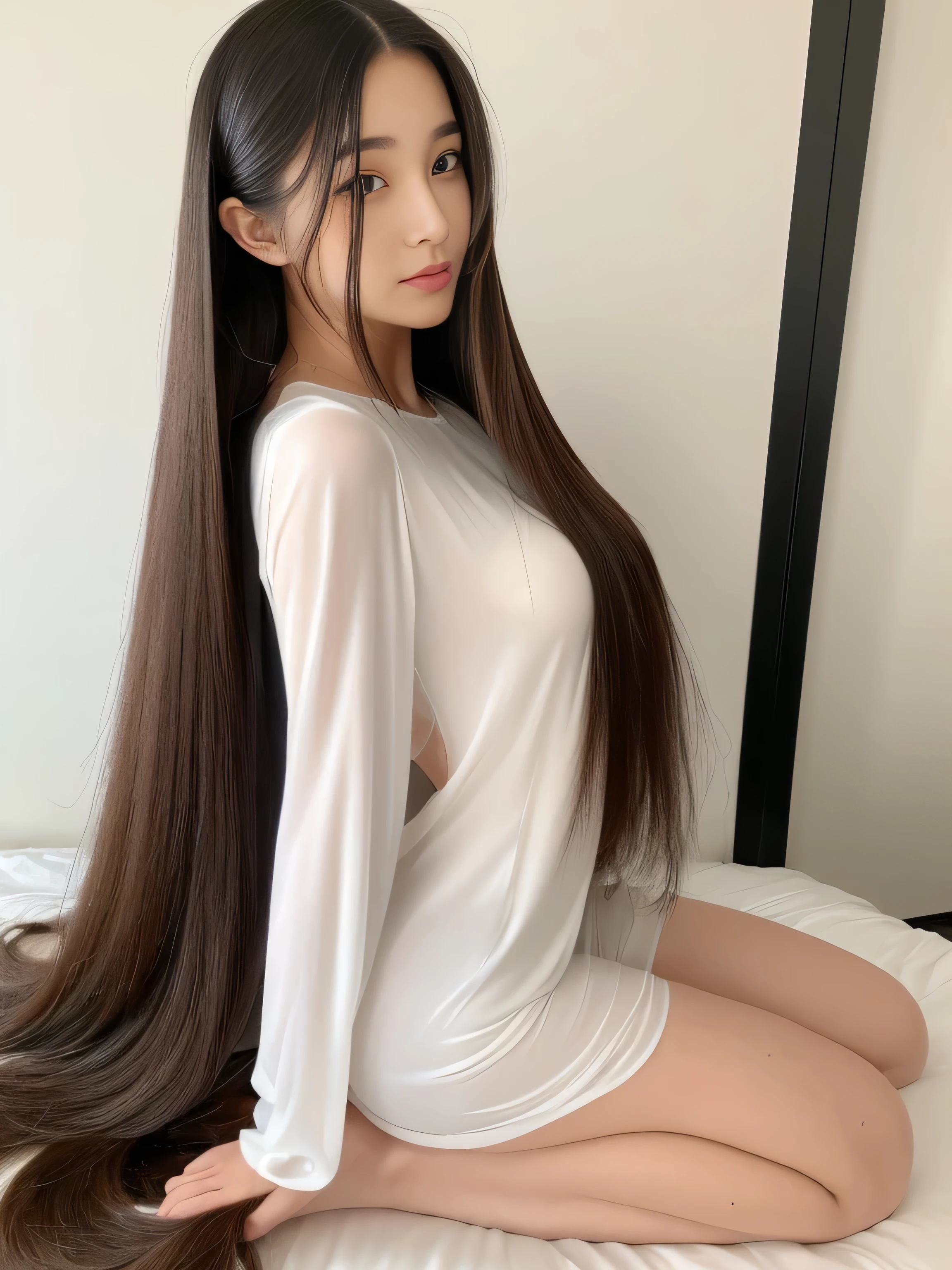 　(Upper Body Shot:1.1)　(She is in a random standing pose, showing off her back and hair to the viewer, in a room with white walls and white decor)　((highest quality)), ((masterpiece)), (Familiar), (Get used to it)　(Reaches up to the kneeVery long hair　highest quality　Highest detail　Reaches up to the knee、Very long hair that lasts forever:1.3　Flowing hair　私ncredibly straight hair　Very shiny and thick hair　Abnormally long hair that lasts forever　Flowing Hair on both ends　long hair up to the knees:1.2　long hair up to the knees:1.2　Thick and shiny hair　Very free hair　Abnormally long hair!!!!!　Beautiful silky hair　　Beautiful and shiny hair　Beautiful and shiny hair　Beautiful silky hair　Hair that grows to the knees　Very very, Very long hair!!!!!　Very very, Very long hair!!!!!)　(highest quality　The best ultra-fine　Reaches up to the knee、Very long hair that lasts forever　Flowing hair　Her hair is gently permed　Very shiny and thick hair　Abnormally long hair that lasts forever　Flowing Hair on both ends　long hair up to the knees:1.2　long hair up to the knees:1.2　Thick and shiny hair　Very free hair　Abnormally long hair!!!!!　Beautiful silky hair　Super long hair down to the knees　Beautiful and shiny hair　Beautiful and shiny hair　Beautiful silky hair　Hair that grows to the knees　Very very, Very long hair!!!!!　Very very, Very long hair!!!!!)　(She is the most beautiful 18-year-old hair model in Japan.....)　Perfect Woman&#39;face　(She has a typical Japanese build and skin color..., Her skin is very high quality and ultra high definition.、very beautiful and glowing skin)　(Big Breasts)　(Her face is dignified and sexy)（She achieved her sexy look with the help of a professional makeup artist.。...　Lipstick is natural red　The eyeliner is a beautiful black)　(her hair is black, light brown, blonde, Red-brown, Dark Green, or dark blue..)　(Surreal photos by professional photographers :1.2)　(She is wearing a beautiful blue silk camisole dress. :1.2)　((Her bangs are completely cut off.))　(She has a typical Japanese build and skin color　Her skin is very delicate and sensitive..、and、Such beautiful and radiant skin)　(Her face is long, Small eyes and nose.、Narrow-mouthed　and the most beautiful)　(Japanese Solo Photos&#39;The most beautiful 28 year old women)　　((Rich 1.4))　(Extremely detailed 8K)　(Ultra-fine skin texture 1.4)　(Actual, Vibrant:1.4), 　Sharp focus:1.2、Beautiful woman:1.4　Dynamic Lighting　(Genuine RAW photos taken by professional photographers)　very beautiful and glowing skin)　(Excessive breasts)　(Her face is long, Eyes and nose)　Lipstick is natural red　The eyeliner is a beautiful black)　(her hair is black, light brown, blonde, 　(Surreal photos by professional photographers :1.2)　