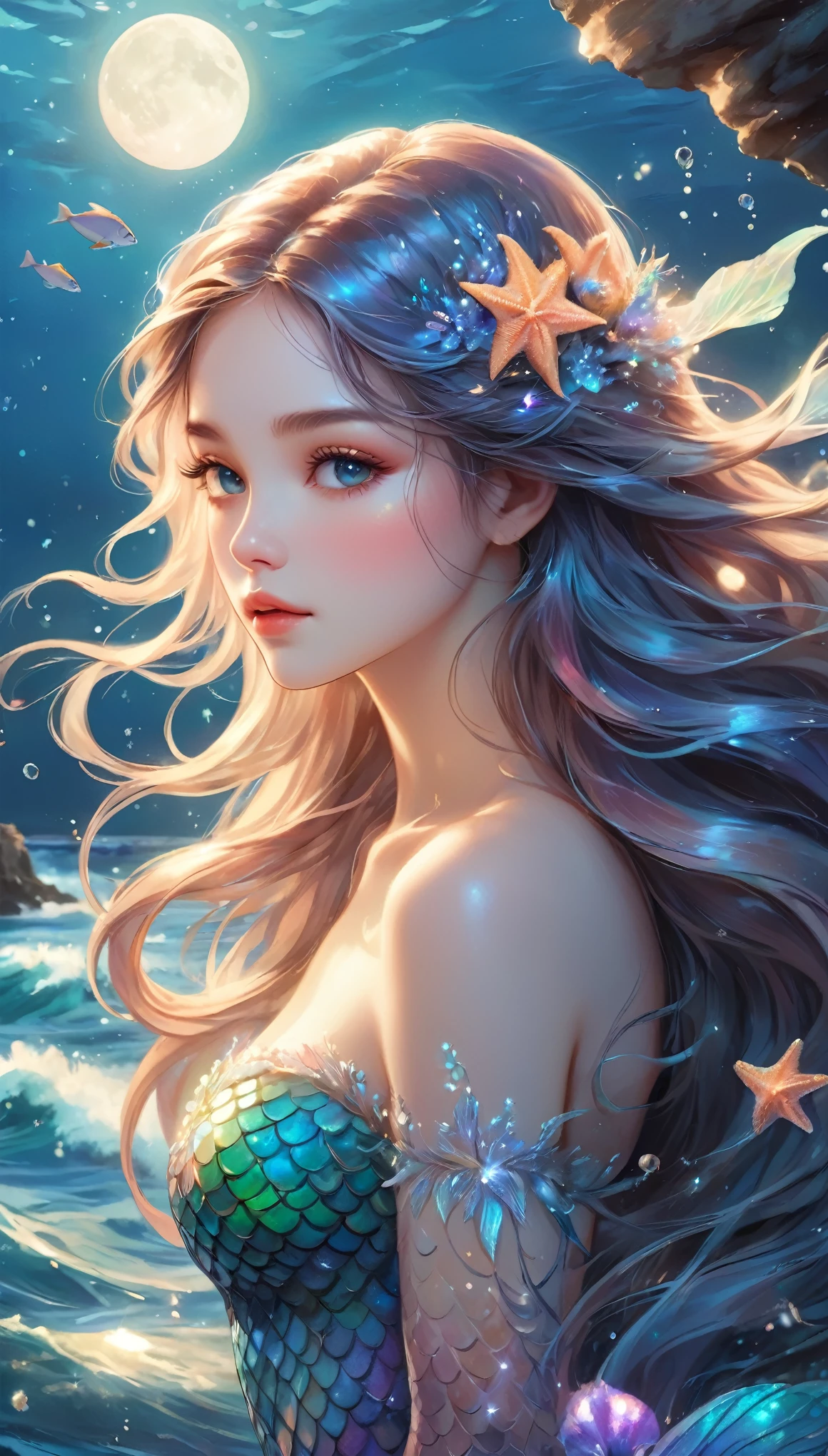 A beautiful mermaid with flowing,iridescent scales and long,flowing hair. She is sitting on a rock by the sea under the moonlight,surrounded by gentle waves and sparkling sea creatures.,(Style: Classic fantasy, realistic),(Details: Long hair, iridescent scales, moonlight, sea creatures, gentle waves),(anatomically correct),Highest quality,great quality,16k,incredibly absurd,very detailed,detailed and beautiful eyes,smooth and beautiful skin,Beautiful hair with shiny details,Draw carefully to the details,Complex gradations like watercolors,Brightly colored,great color balance,happy dream,zentangle elements,rendering,chant colorful spells,((Glitter)),Hologram processing,fantastic,magic effect,Place fine particles of light,Carefully draw the face line,attractive,natural makeup