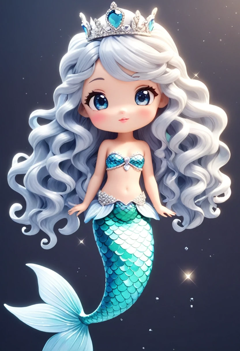 The mermaid princess wears a bright silver crown with gems. She has light blue big wavy long curly hair and a fish tail. She is a cute and beautiful little mermaid girl. Cute 3D cartoon style. Accurate anatomy. Extremely delicate texture. Cartoon characters. Clear and detailed animation. High quality cartoon characters. High quality. lifelike