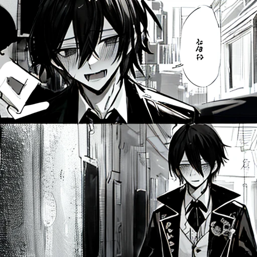 Anime boy, simple straight black hair, panic emotions, pale, miserable, panic, need help, black theme, dark, creepy, weird, white shirt, pathetic, lost mind, weirdo, man, thin, dirty, he looks scary, black yandere, creepy smile, scary actions, looks like an addict, blushing in pain, handsome creepy guy, grayscale