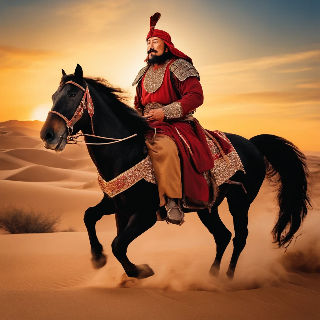 Mongolian warrior Genghis Khan period Riding a horse in the desert, with a mustache, muscles, and a handsome face.