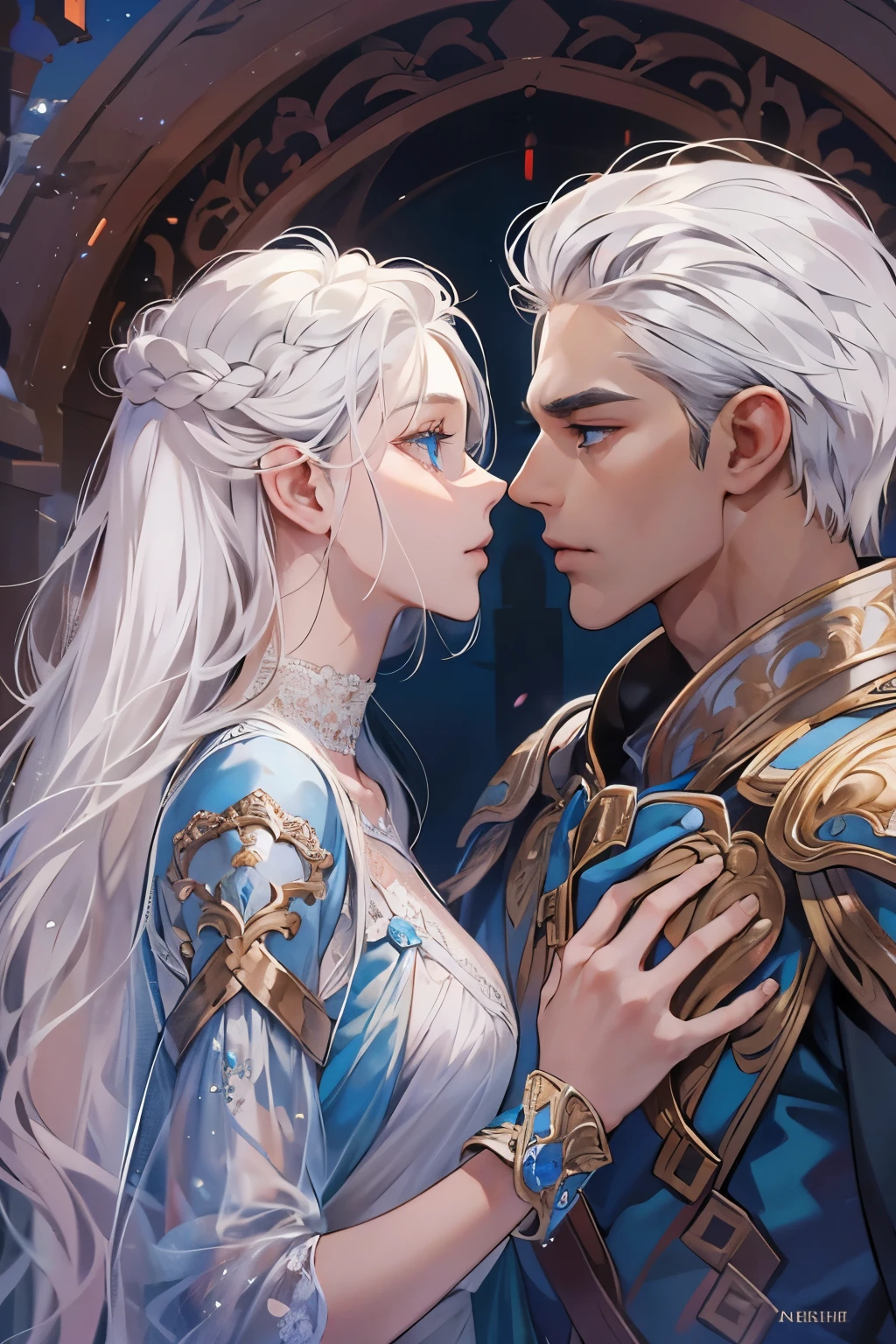 A man and a woman are about to kiss. The man is wearing elegant and sturdy armor that majestically reflects the light. He has short white hair, impeccably styled, and piercing blue eyes that shine with captivating intensity. His face is smooth and clean-shaven, revealing his striking beauty. He is not wearing a helmet, allowing his perfect features to be seen clearly.
The woman, equally stunning, is also wearing armor. Her long white hair flows gently in the air, framing her delicate and angelic face. Her blue eyes sparkle with a soft and enchanting depth. She is slender and graceful, exuding an aura of beauty and charm.
The two stand close to each other, their gazes meeting with palpable intensity, ready to share a moment of intimacy.