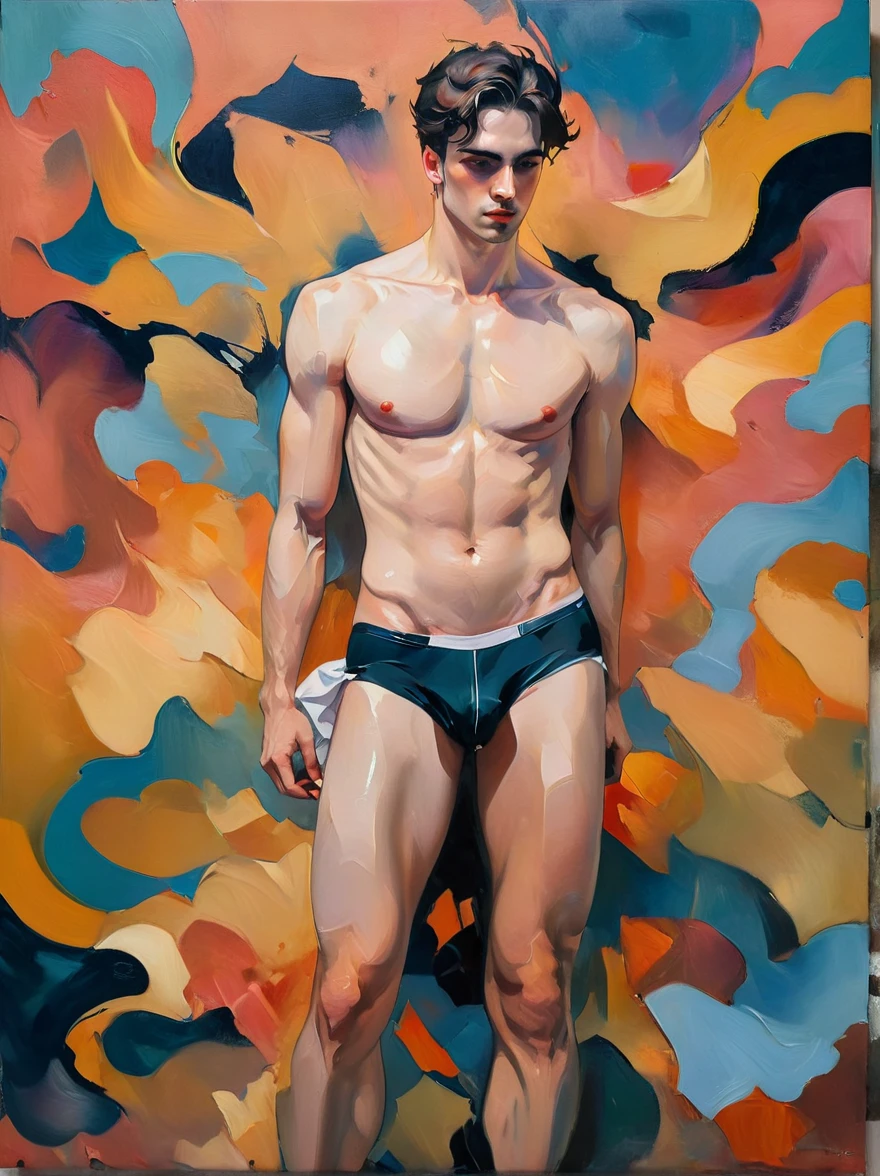 chiaroscuro technique on sensual illustration of an arafed man in white underwear, sexy masculine, diego fazio, male model, by Ludovit Fulla, model with attractive body, inspired by Ludovit Fulla, mid-shot of a hunky, the model draped in flowing, thick oil painting by Harumi Hironaka, extremely soft colors, vibrant, highly detailed, malcolm liepke painting, oil on canvas, high contrast, dramatic, refined, tonal, Create high contrast between light and shadow Include subtle highlights to accentuate the facial features and the glass shards