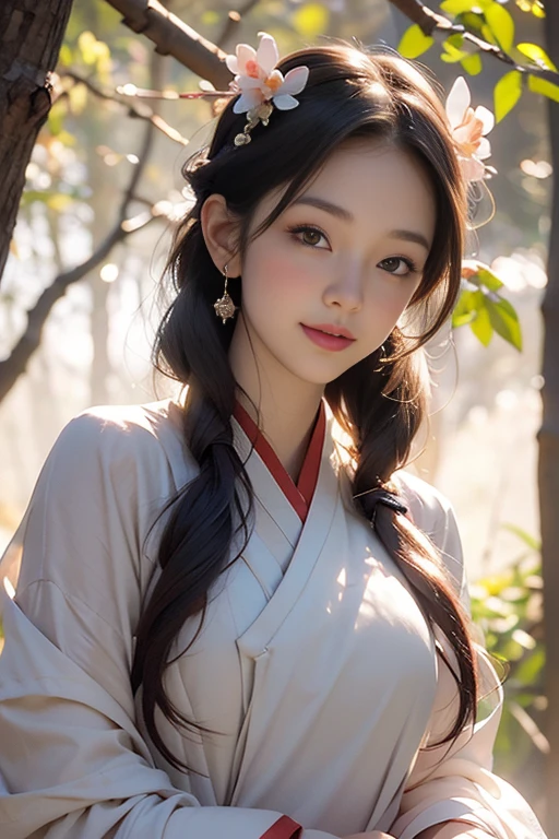 Superb Quality, Masterpiece, High Resolution, 1Girl, Blush, (Charming Smile: 0.8), Star Eyes, Caucasian female wearing hanfu, 25 year old, Hair Accessories, Jewelry, Beauty, on_body, Tyndall Effect, Realistic, Peach Blossom Forest, Light Edge, Two-tone Lighting, (High Detail Skin: 1.2), 8K UHD, DSLR, Soft Light, High Quality, Volume Lighting, Voyeur, Photo, High Resolution, 4K, 8K, Background Blur, nsfw, subtle nudity, exposed,edgTemptation
