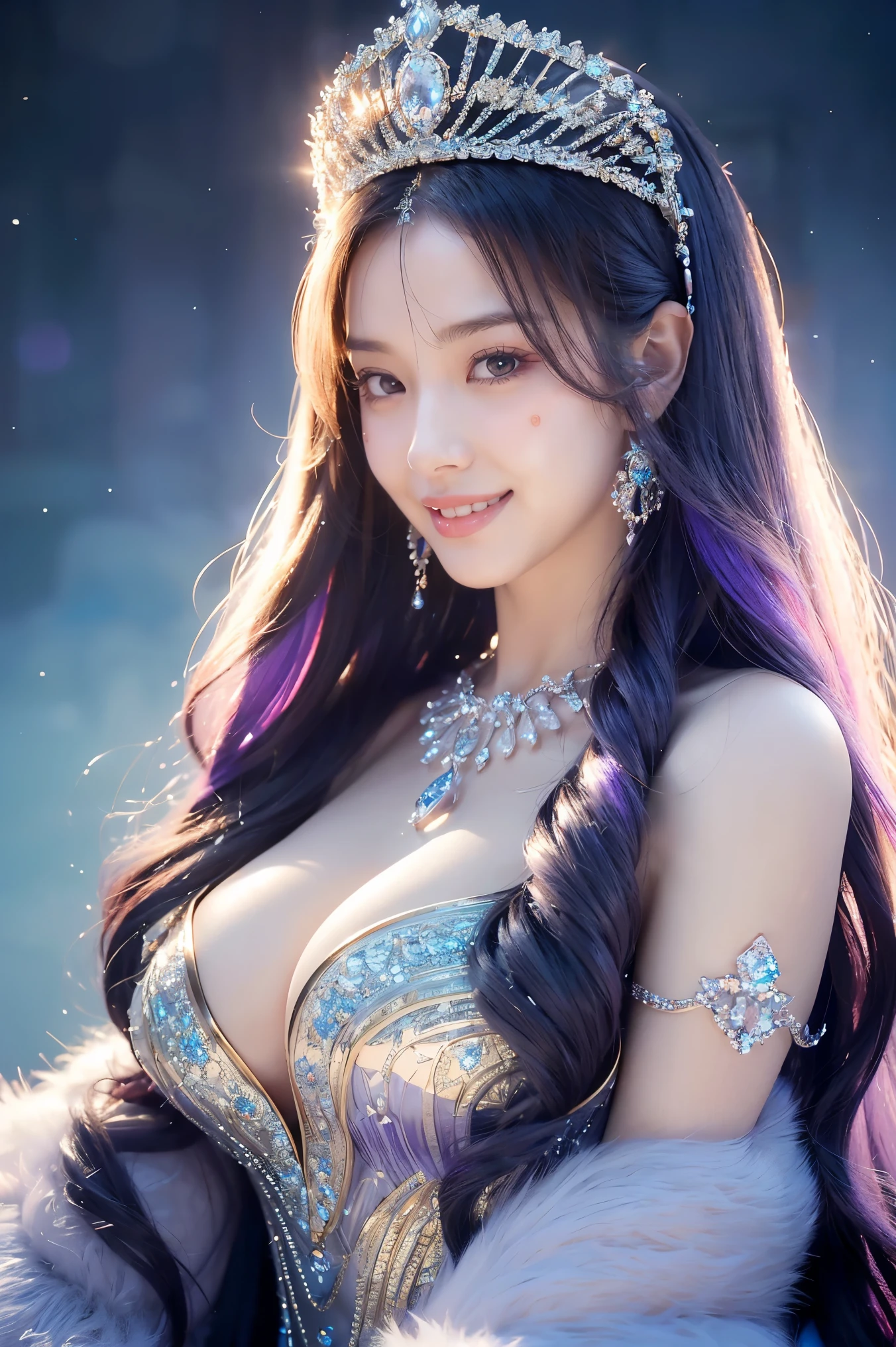 (Masterpiece、highest quality、Best image quality、8k、Award-winning works)、One Goddess、(The most extravagant, Sparkling, Luxury Giant Costume:1.1)、(The most luxurious and highest quality giant tiara:1.1)、(The most luxurious and highest quality giant necklace:1.1)、(A top-class goddess costume with a beautiful purple and light blue gradation:1.2)、(The goddess's elaborately decorated costume shines in purple and white..:1.1)、(絶妙な水色と紫のグラデーションが美しいhighest qualityの女神コスチューム:1.1)、Upper body photo、(Look at me with your best smile:1.2)、Big Breasts、Beautiful transparent sleeves of the highest quality、(High quality transparent sleeve with jewel embellishment:1.1)、Expose your shoulders、Standing Elegantly、(The backdrop of the most luxurious palace made of ice:1.4)、(The most elaborate and luxurious ice palace cathedral:1.3)、(Inside the most mysterious giant ice palace:1.4)、(The most beautiful cathedral made of crystal clear ice:1.4)、(Beautiful transparent ice:1.1)、(Mysterious fairy tale light blue fog:1.15)、The background is an elaborate ice palace、Beautiful ice ceiling、(Palace interior background made of intricately sparkling transparent ice:1.4)、(Elegant palace pillars made of ice:1.05)、The most intricate and luxurious decoration、(A large amount of jewellery:1.1)、最もComplex and detailed background、(it's snowing:1.1)、Shining Snow、(Tyndall effect:1.1)、Spectacular Cinema Lighting、Perfect Makeup、Long eyelashes、Beautiful eyeshadow、(Accurate anatomy:1.1)、Natural forehead、Complex and detailed background、The most subtle sparkle、A deep background、Low contrast、Surrounded by soft light、(Body facing forward:1.1)、(please lower your arms:1.1)