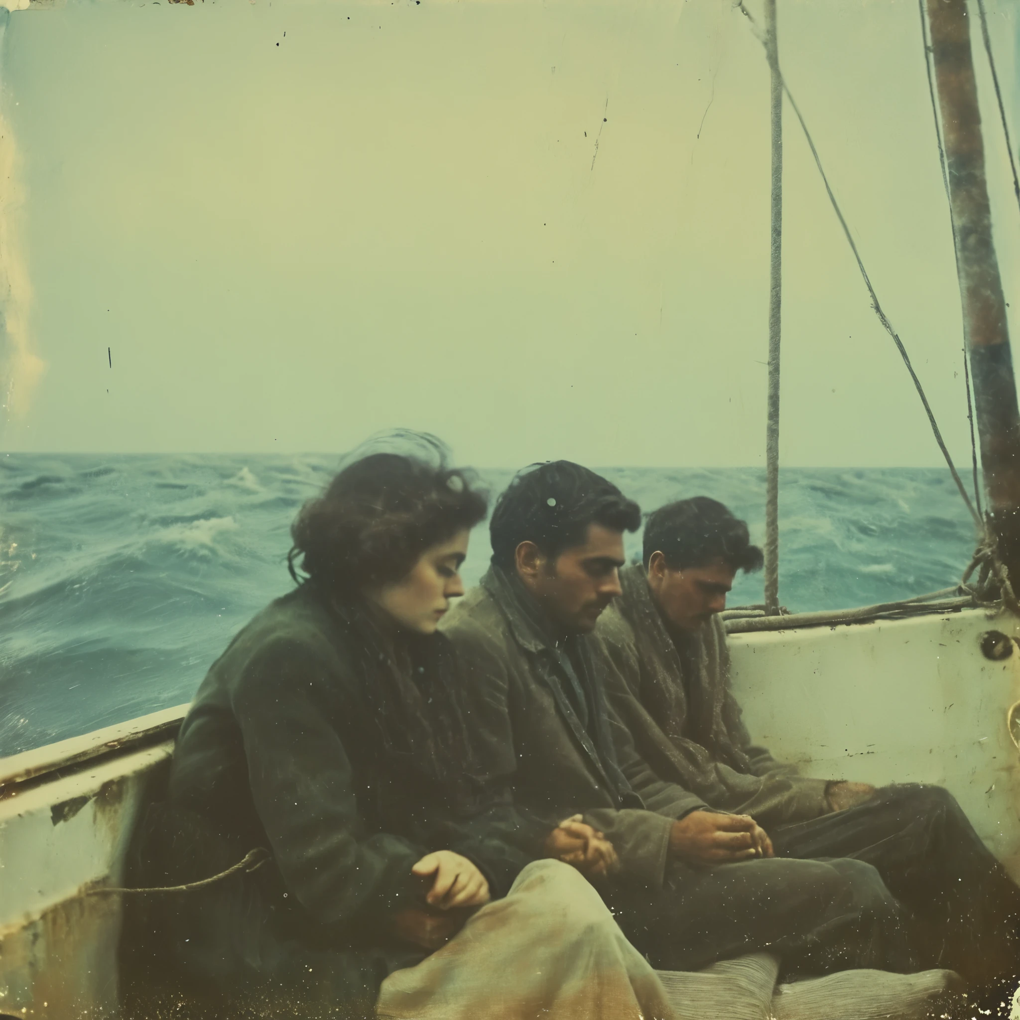 side-view, perspectivegrainy, polaroid, 35mm vintage, super realistic old photo, old camera, heavy shading, eerie, horror 4 young adults sleeping on a sail-boat in the Atlantic ocean, hungover, sea-sick, seen from side