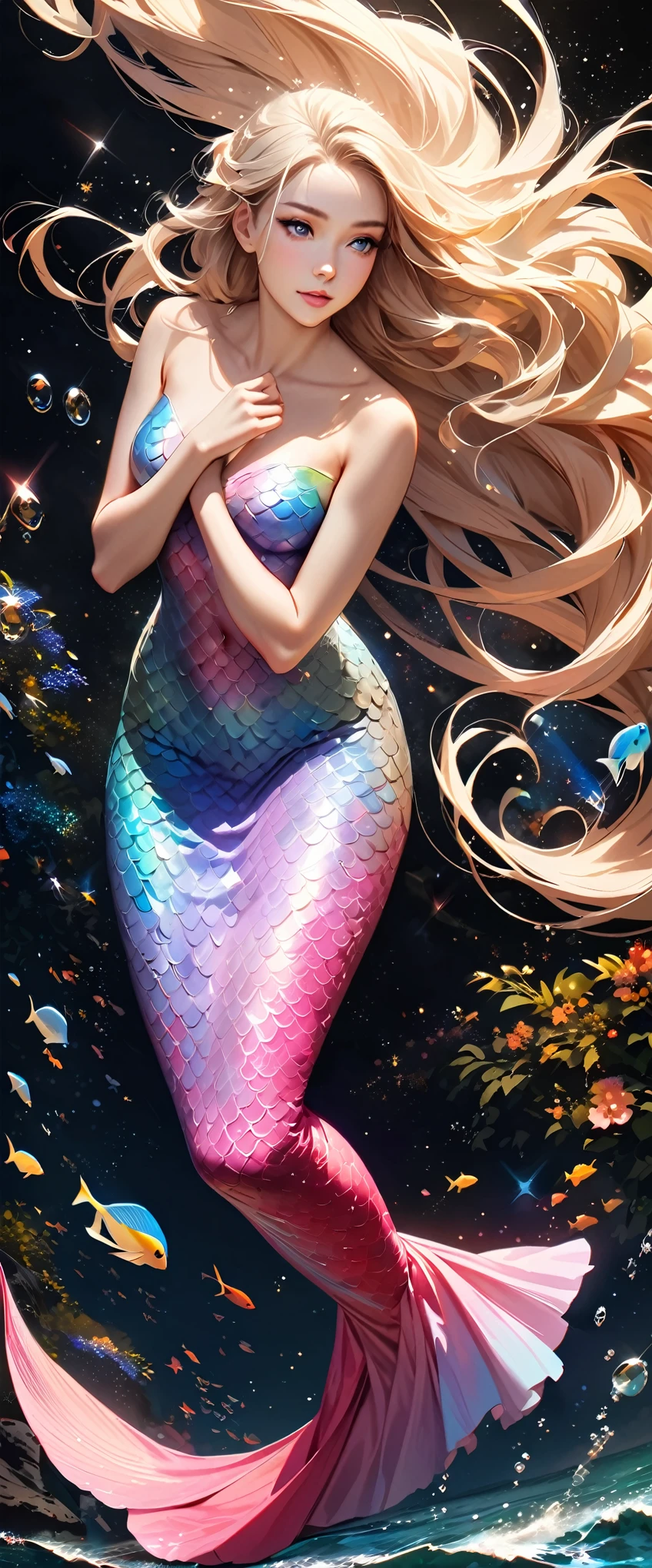 A beautiful mermaid with flowing,iridescent scales and long,flowing hair. She is sitting on a rock by the sea under the moonlight,surrounded by gentle waves and sparkling sea creatures.,(Style: Classic fantasy, realistic),(Details: Long hair, iridescent scales, moonlight, sea creatures, gentle waves),(anatomically correct),Highest quality,great quality,16k,incredibly absurd,very detailed,detailed and beautiful eyes,smooth and beautiful skin,Beautiful hair with shiny details,Draw carefully to the details,Complex gradations like watercolors,Brightly colored,great color balance,happy dream,zentangle elements,rendering,chant colorful spells,((Glitter)),Hologram processing,fantastic,magic effect,Place fine particles of light,Carefully draw the face line,natural makeup,attractive,Perfect proportions