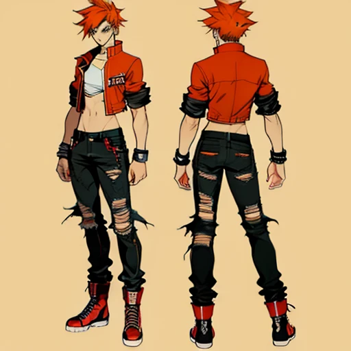 ((manga style,concept art)),Adolescent  With orange hair , wearing punk Clothing ,Ripped pants  ,Full body ,Red Shoes ,