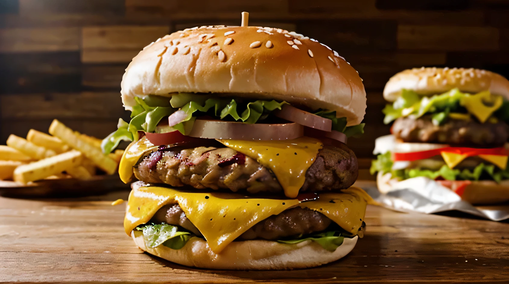 A hamburger, close-up, lies on a wooden table
