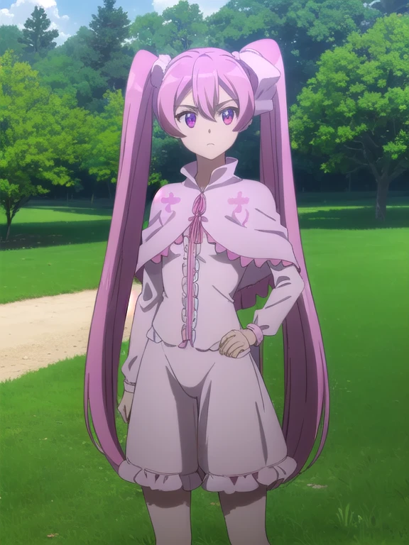 agkmine, mine,long hair in twin tails, cabello rosado, sparkling eyes
ROMPER dress, Pantys, vestido rosa, capelet, capa rosa, pink falda, falda, mangas largas,
ROMPER outdoors, Naturaleza, bosque, trees, grass, cielo, nubes,
ROMPER looking at viewer, (tiro de vaquero:1.5),
ROMPER (obra maestra:1.2), mejor calidad, high resolution, fondo de pantalla de unidad 8k, (ILLUSTRATION:0.8), (Hermosos ojos detallados:1.6), cara extremadamente detallada, perfect lighting, CG extremadamente detallado, (manos perfectas, perfect anatomy),