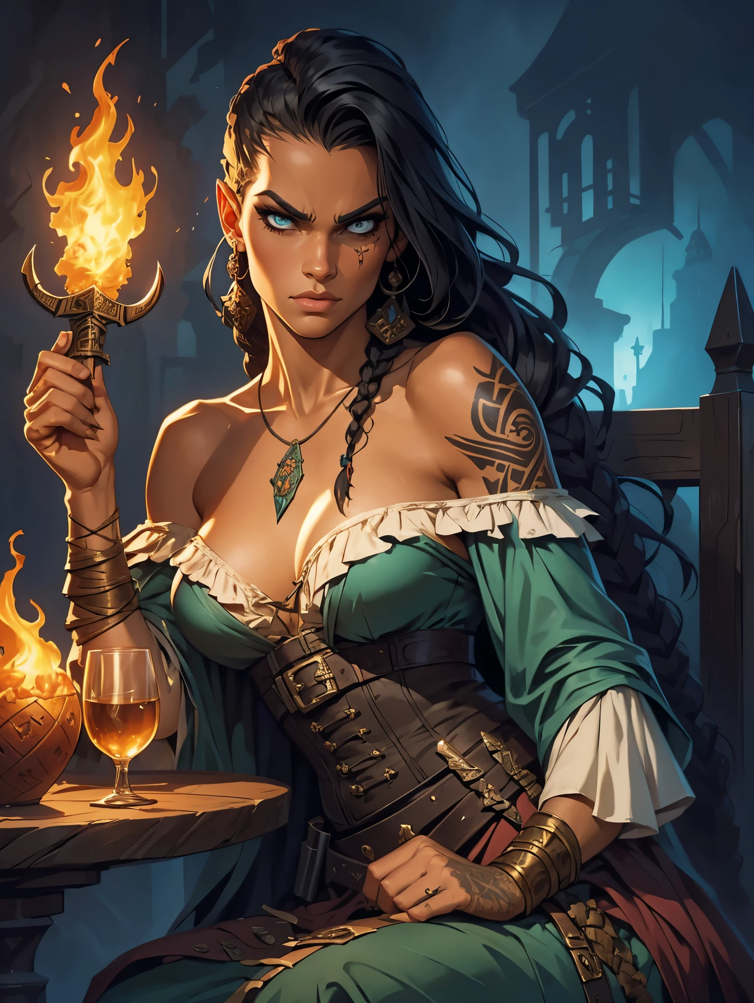 a sinister grim looking female Polynesian harlequin pirate from the early 18th century based on Zendaya in ragged off-the-shoulder clothes, she has mysterious tattoos, she has braided hair, she sits on a throne made of flotsam, she holds a mysterious glowing jade dagger in her hand, she has an eye-patch, flames in the background, sunset, Dungeons and Dragons 5th edition style illustration, cinematic, fantasy painting, highly detailed, black outlining, full color illustration, in the style of BORIS VALLEJO & JULIE BELL