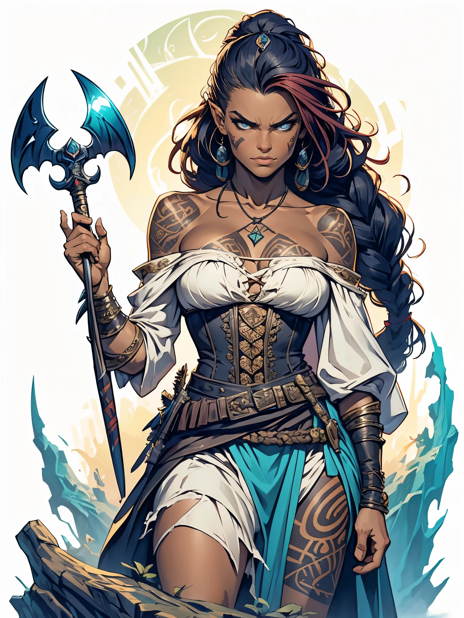 a sinister grim looking female Polynesian harlequin pirate from the early 18th century based on Zendaya in ragged off-the-shoulder clothes, she has mysterious tattoos, she has braided hair, she sits on a throne made of flotsam, she holds a mysterious glowing jade dagger in her hand, she has an eye-patch, flames in the background, sunset, Dungeons and Dragons 5th edition style illustration, cinematic, fantasy painting, highly detailed, black outlining, full color illustration, in the style of BORIS VALLEJO & JULIE BELL