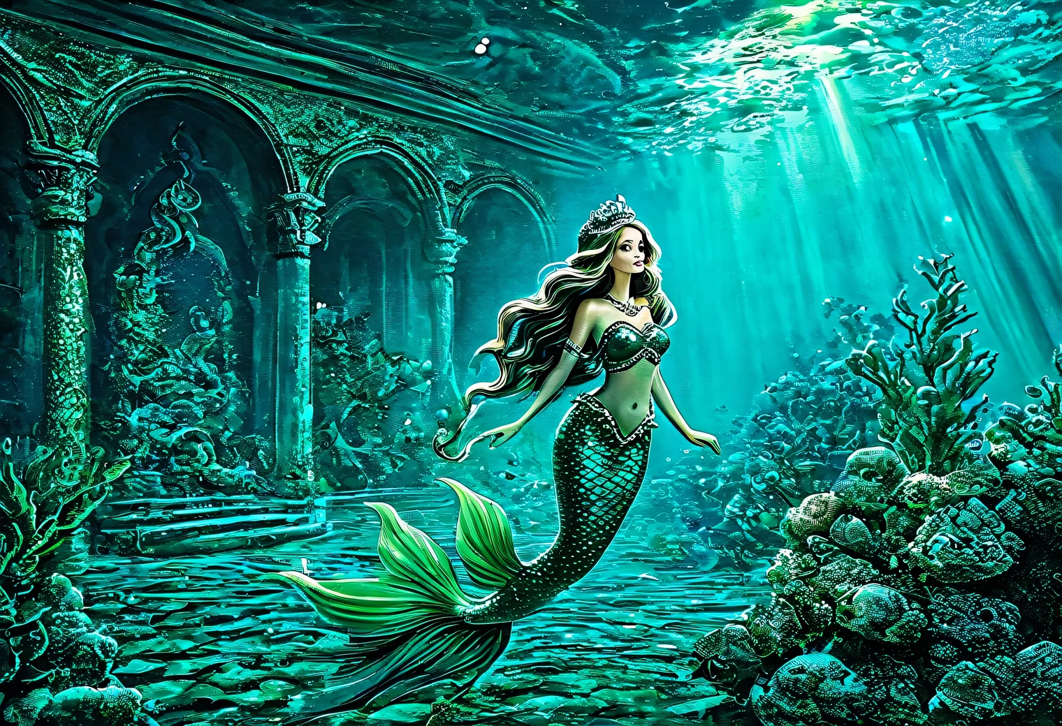 An epic image of the underwater world in the genre of good underwater fantasy, in an underwater magic castle among algae and funny fabulous underwater creatures, a very beautiful Mermaid Princess, Mermaid Princess luxurious with long hair, Mermaid Princess is shown in detail