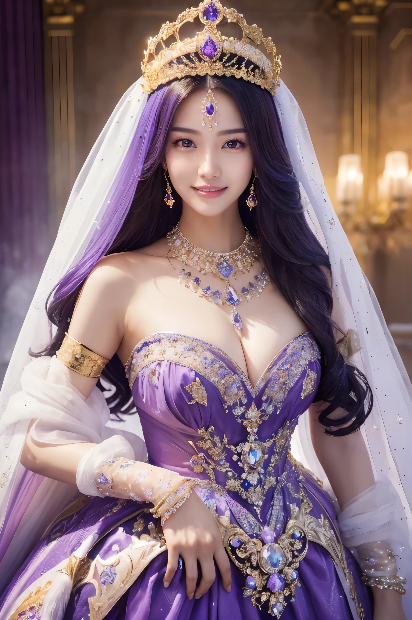 (masterpiece、highest quality、Best image quality、8k、Award-winning works)、One Goddess、(The most extravagant, Sparkling, Luxury Giant Costume:1.1)、(The most luxurious and highest quality giant tiara:1.1)、(The most luxurious and highest quality giant necklace:1.1)、(A top-class goddess costume with a beautiful purple and white gradation:1.2)、(The goddess&#39;s elaborately decorated costume shines in purple and white..:1.1)、(絶妙な紫と白のグラデーションが美しいhighest qualityの女神コスチューム:1.1)、Upper body photo、(Look at me with your best smile:1.2)、Big Breasts、Beautiful transparent sleeves of the highest quality、(High quality transparent sleeve with jewel embellishment:1.1)、Publish one&#39;shoulder、Standing Elegantly、(The backdrop of the most luxurious palace made of ice:1.4)、(The most elaborate and luxurious ice palace cathedral:1.3)、(Inside the most mysterious giant ice palace:1.4)、(The most beautiful cathedral made of crystal clear ice:1.4)、(Beautiful transparent ice:1.1)、(Mysterious fairy tale light blue fog:1.15)、The background is an elaborate ice palace、Beautiful ice ceiling、(Palace interior background made of intricately sparkling transparent ice:1.4)、(Elegant palace pillars made of ice:1.05)、The most intricate and luxurious decoration、(A large amount of jewellery:1.1)、最もComplex and detailed background、(that&#39;that&#39;it&#39;s snowing:1.1)、fine Sparkling snow、(Tyndall effect:1.1)、Subtle Sparkling snow、Spectacular Cinema Lighting、Perfect Makeup、Long eyelashes、Beautiful eyeshadow、(Accurate anatomy:1.1)、Natural forehead、Complex and detailed background、The most subtle sparkle、A deep background、Low contrast、Surrounded by soft light、(Body facing forward:1.1)、(please lower your arms:1.1)