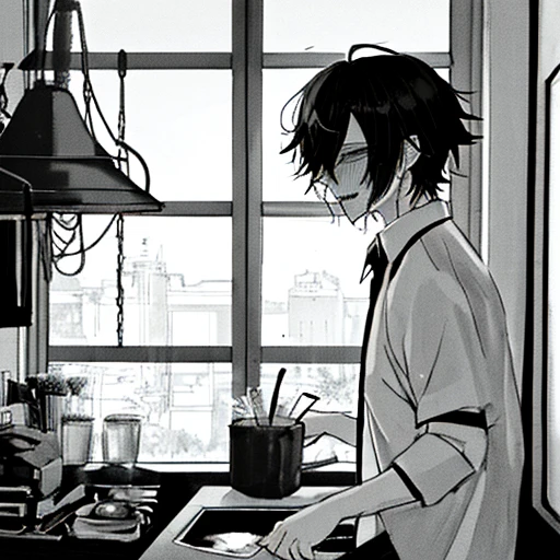 Anime boy, simple straight black hair, panic emotions, pale, miserable, panic, need help, black theme, dark, creepy, weird, white shirt, pathetic, lost mind, weirdo, man, thin, dirty, he looks scary, black yandere, creepy smile, scary actions, looks like an addict, blushing in pain, handsome creepy guy, grayscale