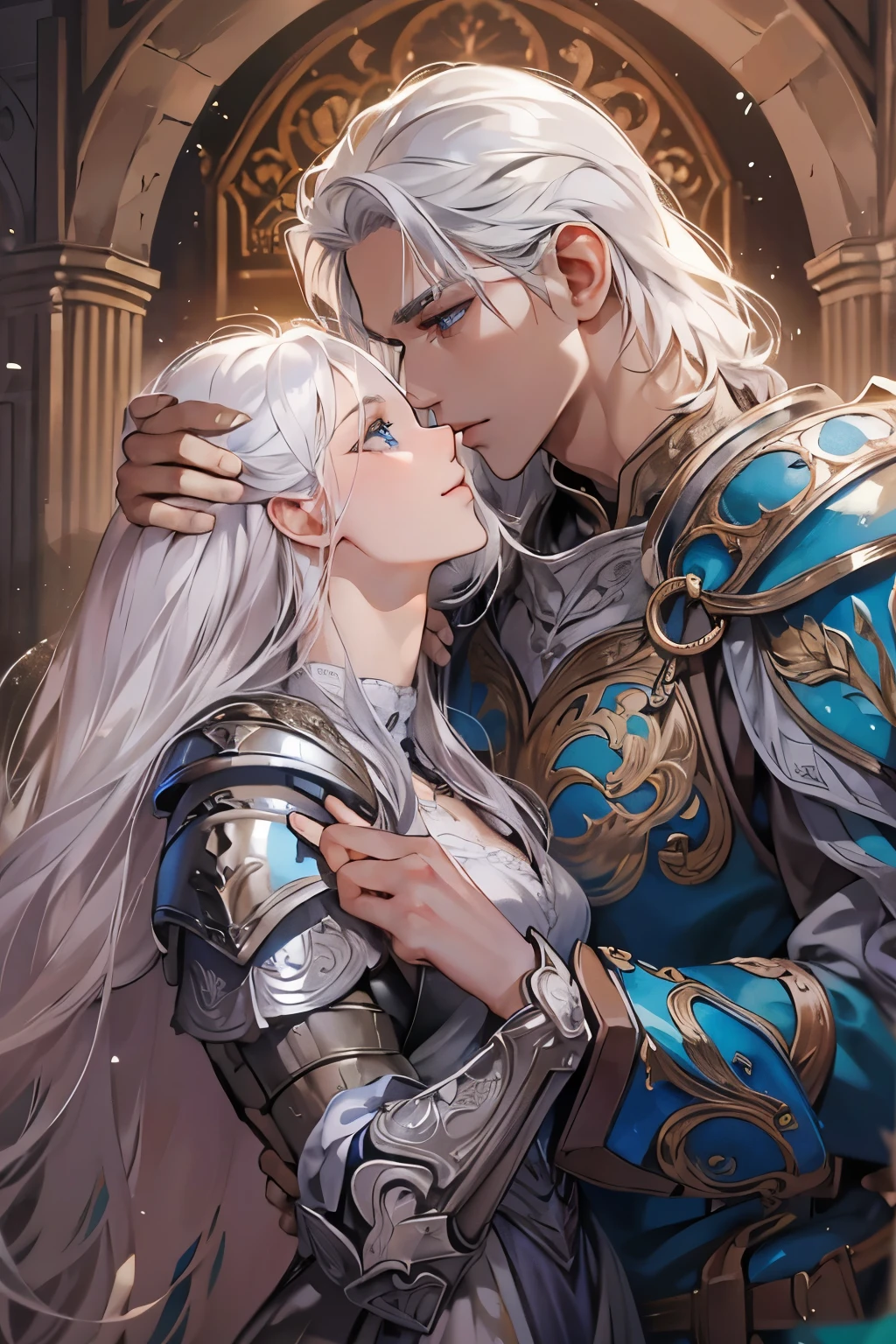 (best quality, highres, ultra-detailed) A man and a woman are about to kiss. The man is wearing elegant and sturdy armor that majestically reflects the light. He has short white hair, impeccably styled, and piercing blue eyes that shine with captivating intensity. His face is smooth and clean-shaven, revealing his striking beauty. He is not wearing a helmet, allowing his perfect features to be seen clearly.

The woman, equally stunning, is also wearing armor. Her long white hair flows gently in the air, framing her delicate and angelic face. Her blue eyes sparkle with a soft and enchanting depth. She is slender and graceful, exuding an aura of beauty and charm.

The two stand close to each other, their gazes meeting with palpable intensity, ready to share a moment of intimacy.