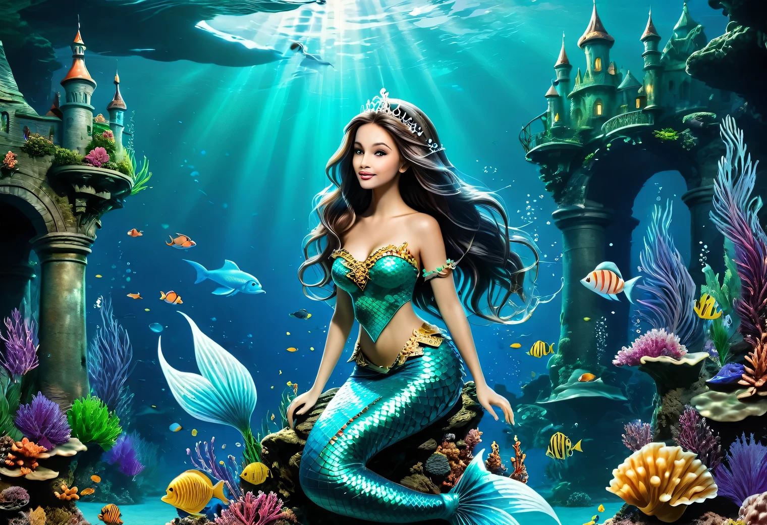 An epic image of the underwater world in the genre of good underwater fantasy, in an underwater magic castle among algae and funny fabulous underwater creatures, a very beautiful Mermaid Princess, Mermaid Princess luxurious with long hair, Mermaid Princess is shown in detail
