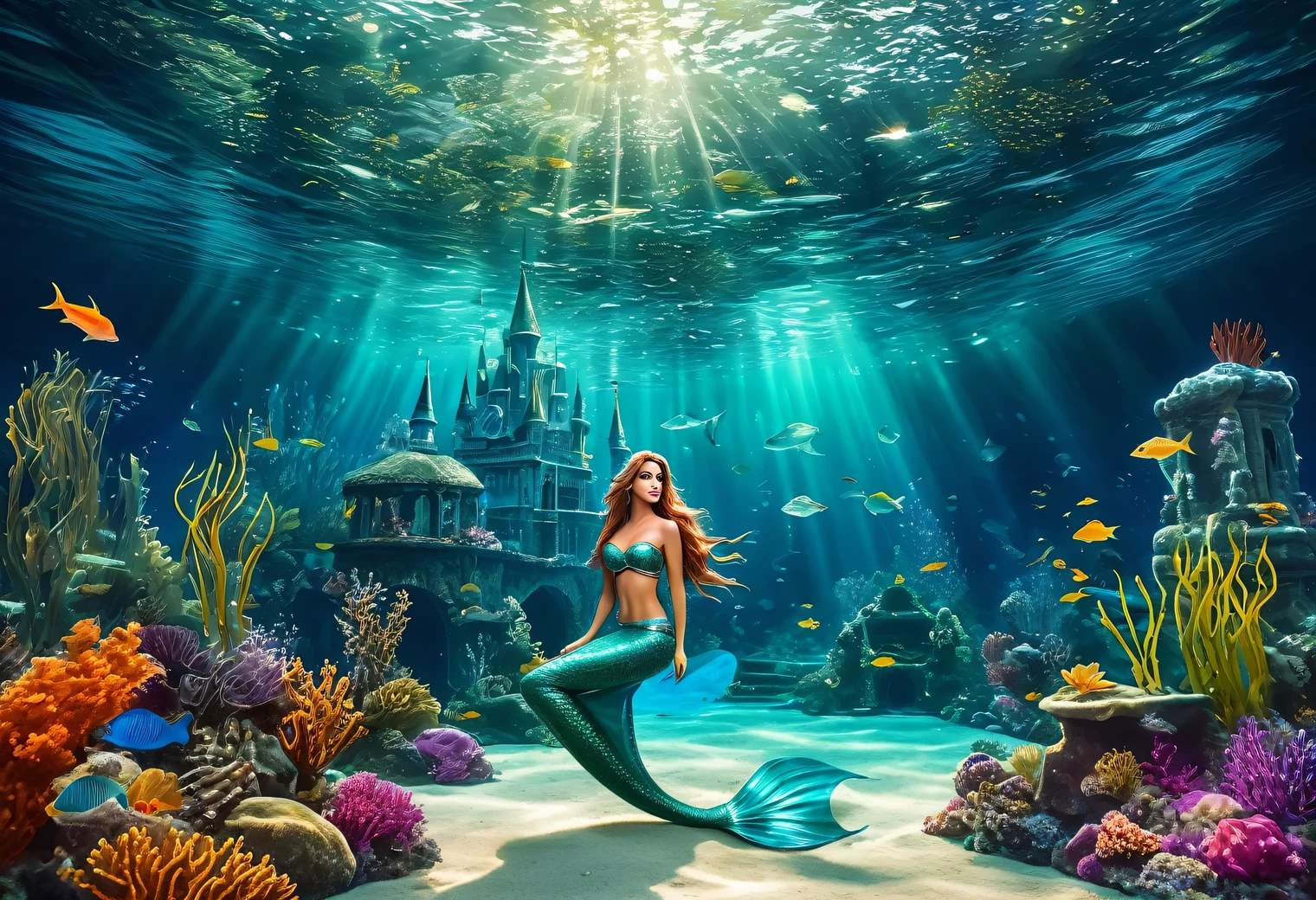 An epic image of the underwater world in the genre of good underwater fantasy, in an underwater magic castle among algae and funny fabulous underwater creatures, a very beautiful Mermaid Princess, Mermaid Princess luxurious with long hair, Mermaid Princess is shown in detail