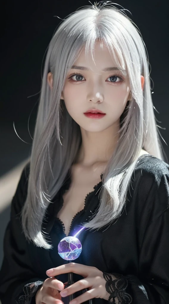 (masterpiece, best quality, ultra-detailed, best shadow), (detailed background,dark fantasy), (beautiful detailed face), high contrast, (best illumination, an extremely delicate and beautiful), ((cinematic light)), colorful, hyper detail, dramatic light, intricate details, (1girl, solo,white hair, sharp face,purple eyes, hair between eyes,dynamic angle), blood splatter, swirling black light around the character, depth of field,black light particles,(broken glass),magic circle