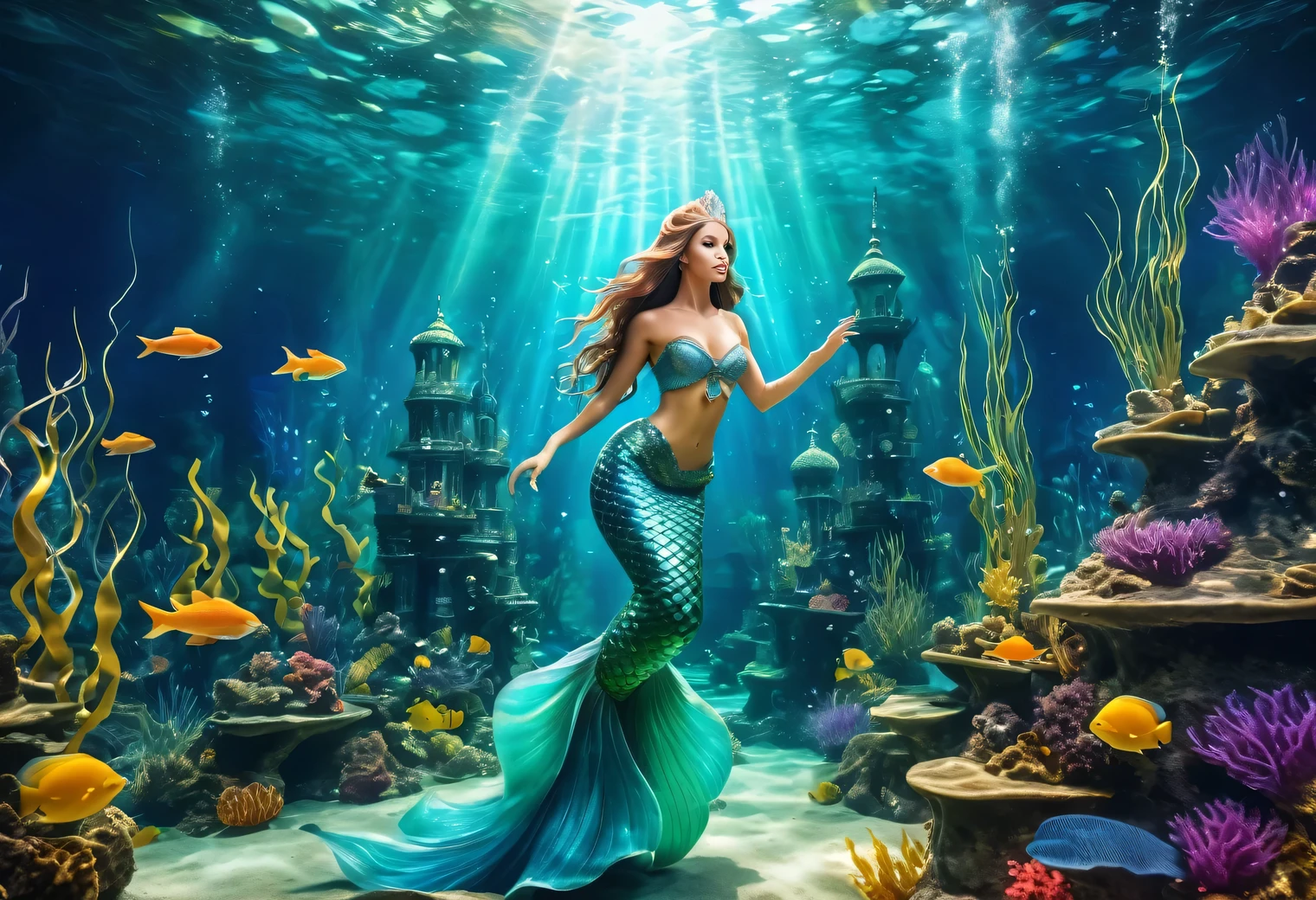 An epic image of the underwater world in the genre of good underwater fantasy, in an underwater magic castle among algae and funny fabulous underwater creatures, a very beautiful Mermaid Princess, Mermaid Princess luxurious with long hair, Mermaid Princess is shown in detail, wide angle, ray tracing, Bokeh effect, refraction
