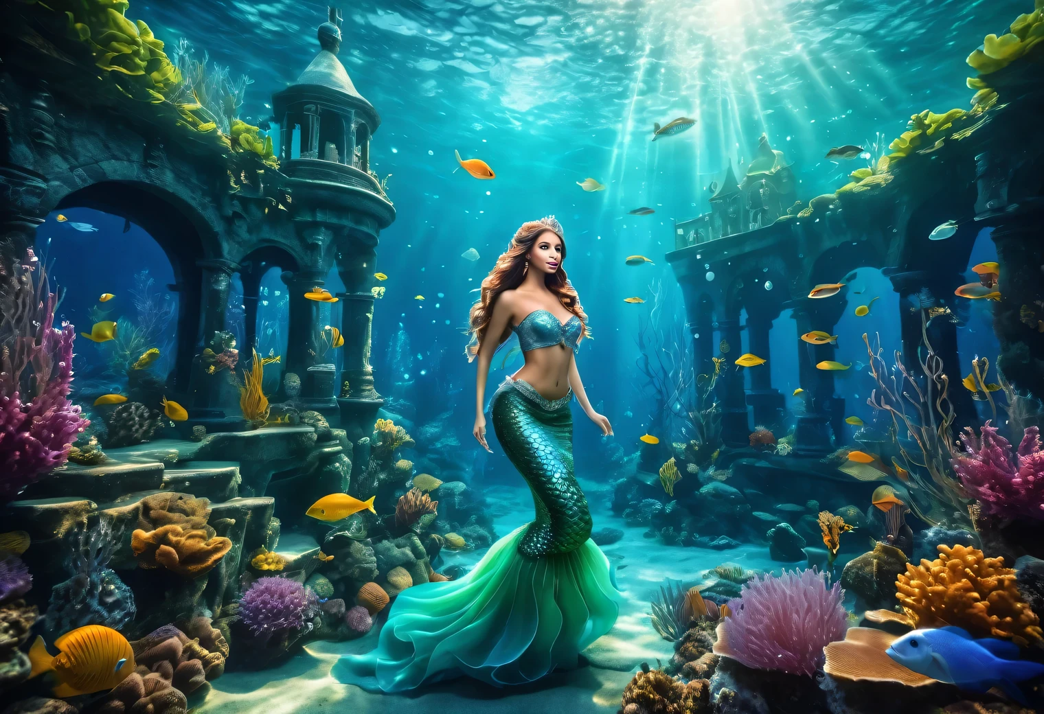 An epic image of the underwater world in the genre of good underwater fantasy, in an underwater magic castle among algae and funny fabulous underwater creatures, a very beautiful Mermaid Princess, Mermaid Princess luxurious with long hair, Mermaid Princess is shown in detail, wide angle, ray tracing, Bokeh effect, refraction