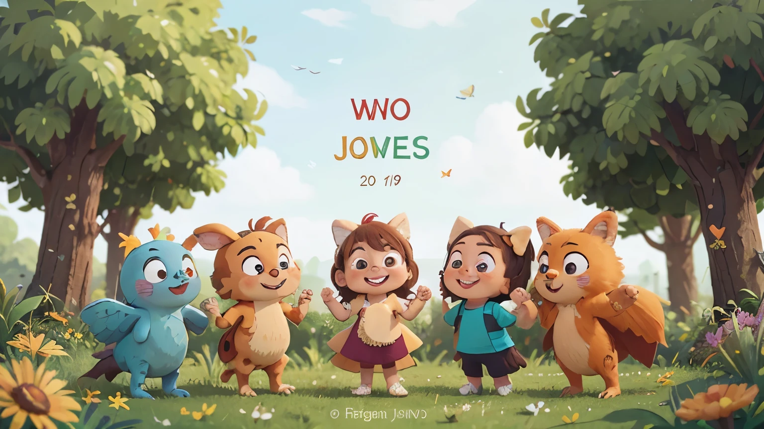 cartoon-style image with the word 'VOWELS' in the center, written in bold, colorful letters. Surrounding the word are various elements of nature, including lush green plants, vibrant flowers, and friendly animals such as birds, butterflies, and small woodland creatures. The background is bright and cheerful, with a clear blue sky and a few fluffy clouds, creating a lively and engaging scene that is both fun and educational for children.