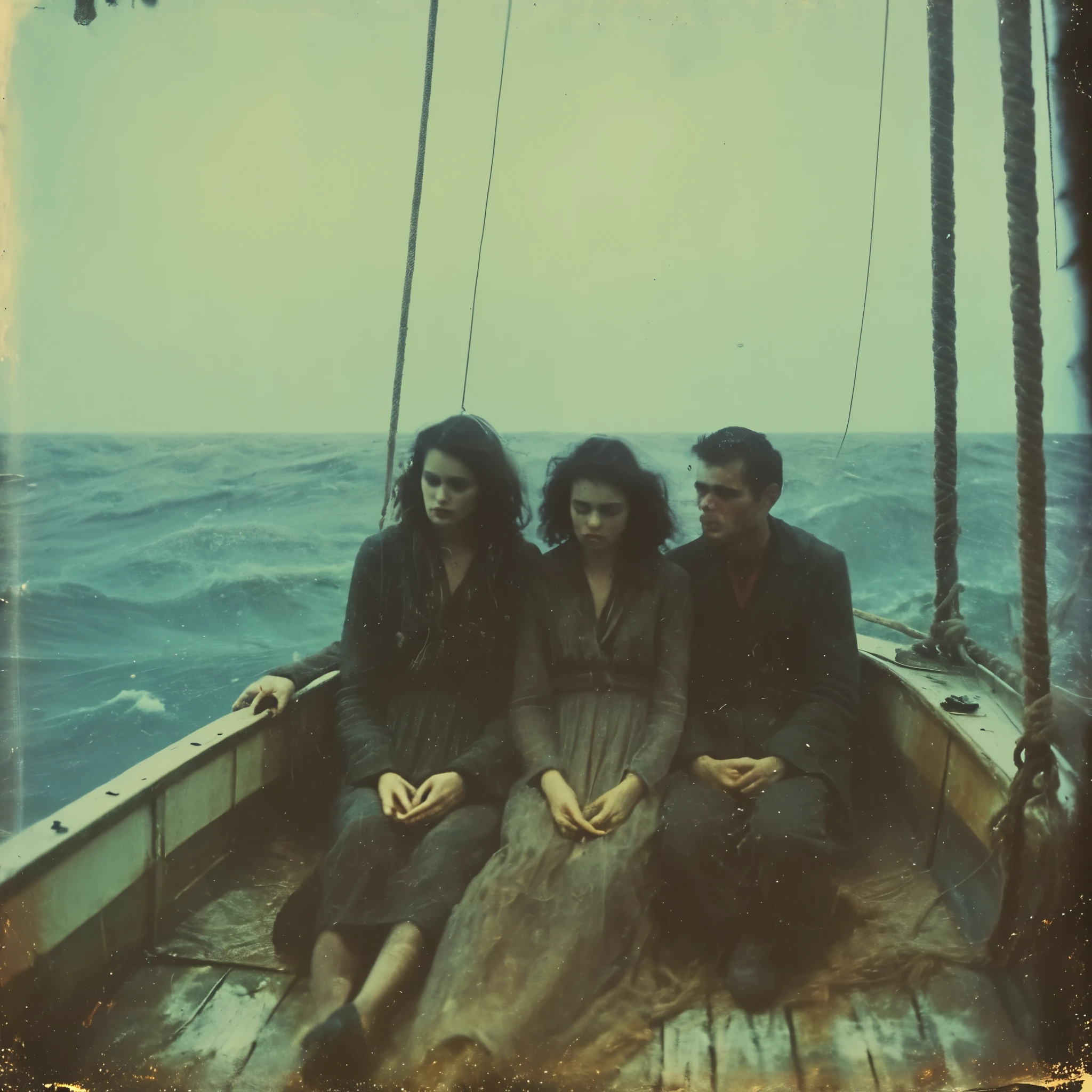 side-view, perspectivegrainy, polaroid, 35mm vintage, scary, horror-movie, 4 young adults sleeping on a sail-boat in the Atlantic ocean, hellraiser, nightmare creature