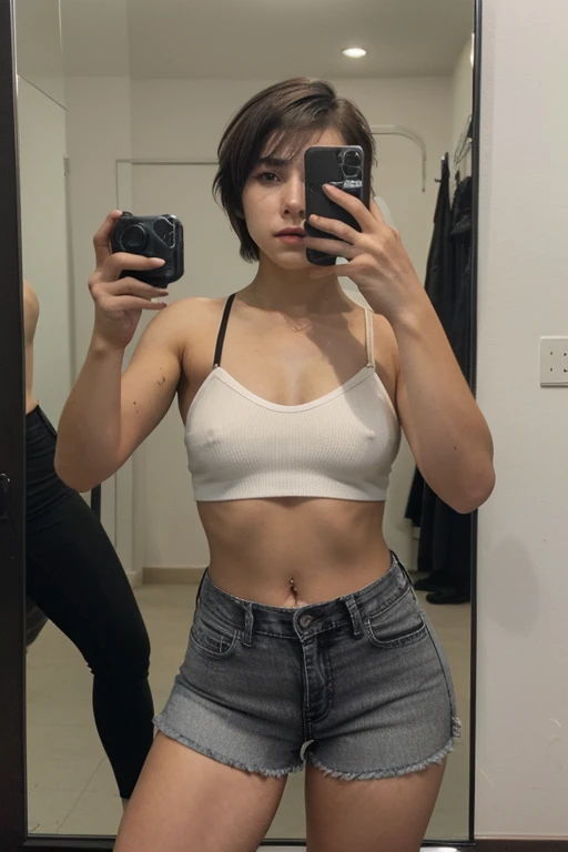 ((melhor qualidade)), ((Obra de arte)), (detalhado), Girl with short masculine hair taking a photo in front of the mirror in black jeans shorts and a black croppet