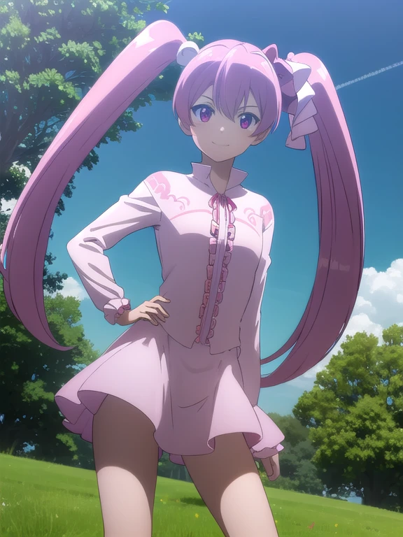 agkmine, mine, pelo largo, twin tails, cabello rosado, sparkling eyes,
ROMPER dress, Pantys, vestido rosa, ,
ROMPER outdoors,  grass, cielo, nubes,
ROMPER looking at viewer, (tiro de vaquero:1.5), poses, smile
ROMPER (obra maestra:1.2), mejor calidad, high resolution, fondo de pantalla 