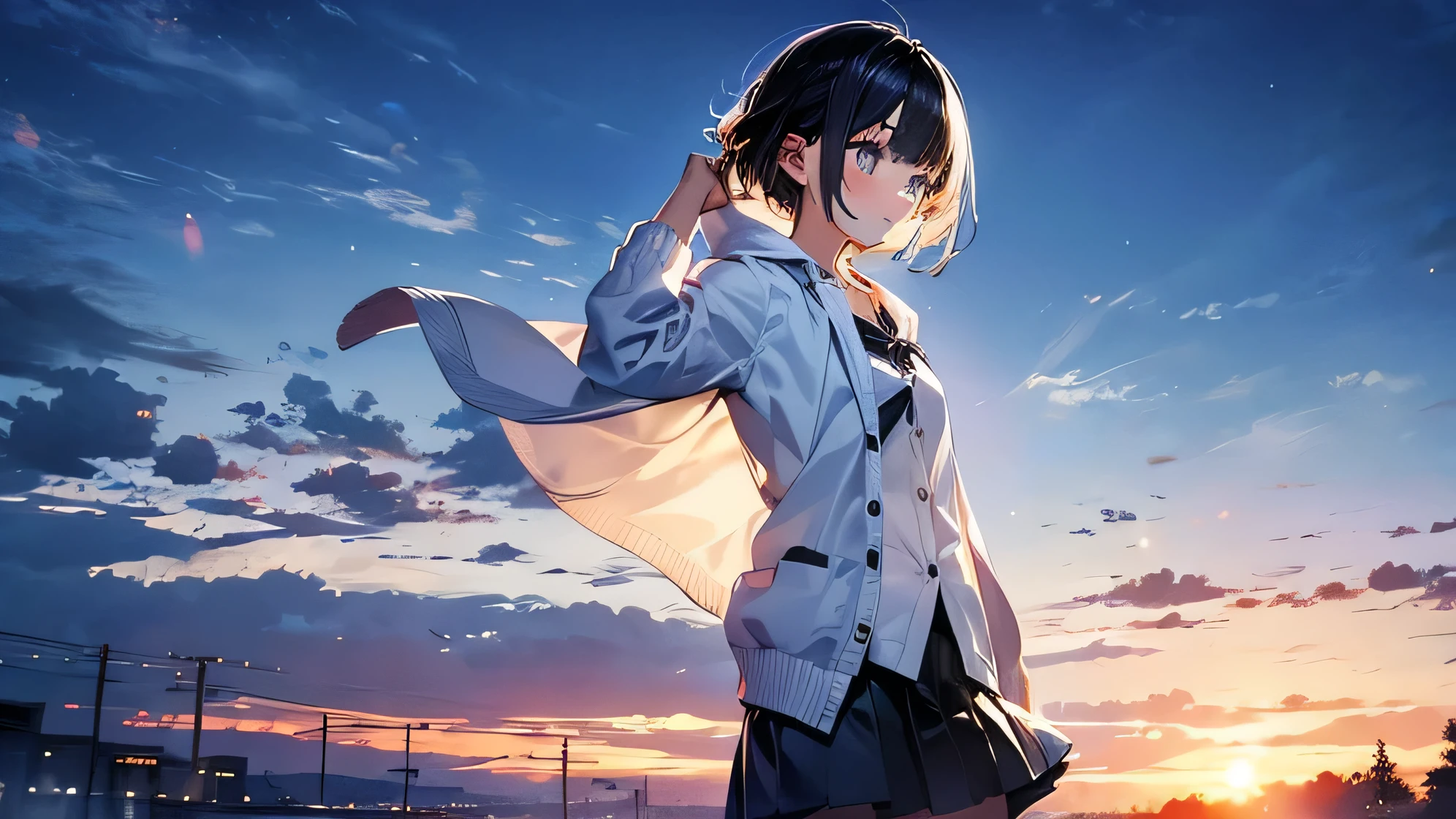 Before dawn、A young girl stands。A new day begins。Girl with short or medium length black hair。Wearing a white cardigan。