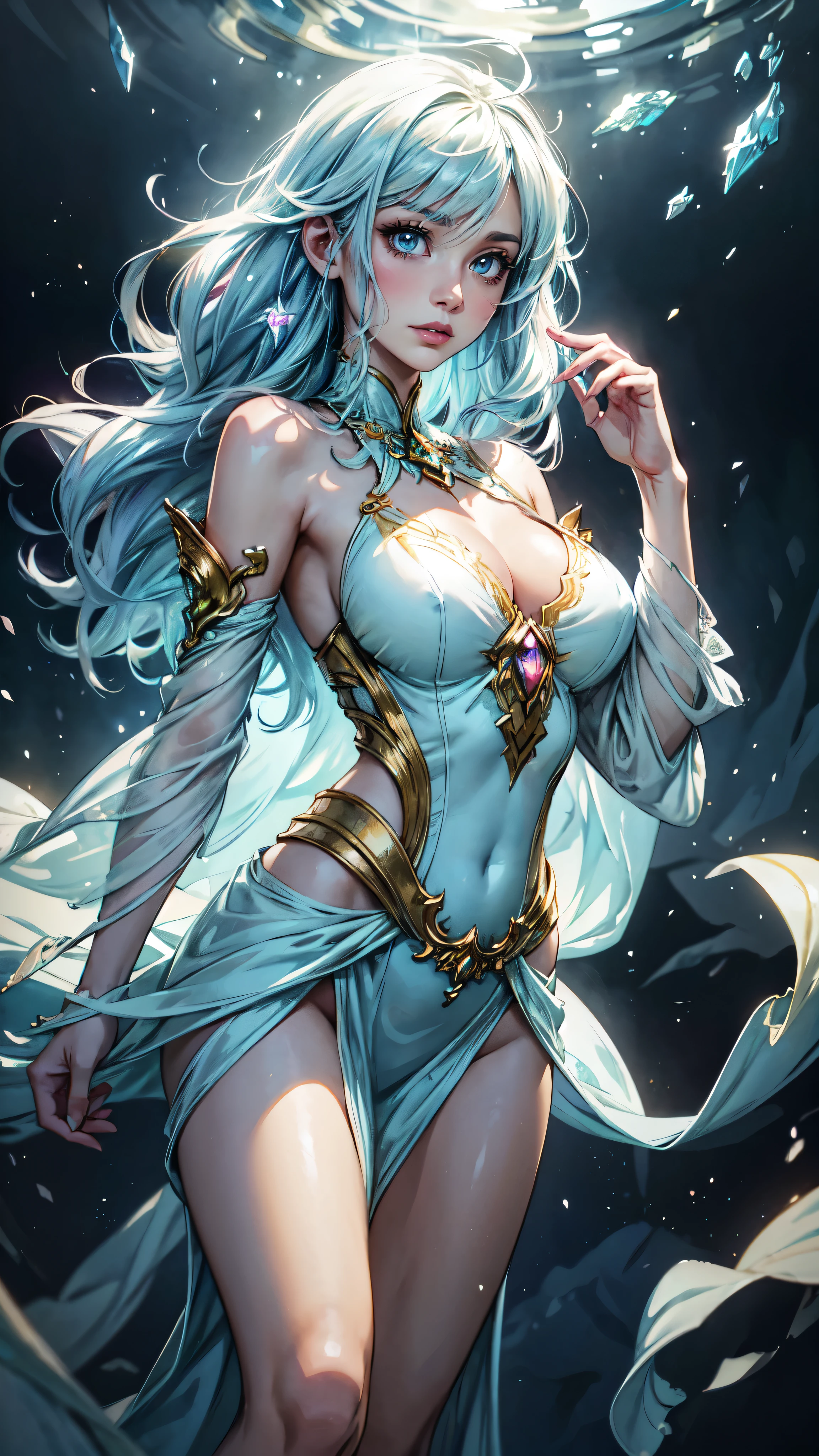 A captivating anime girl gracefully emerges from the pages of a watercolor painting, her vibrant and intricate colors breathing life into the artwork. She wears extraordinary fantasy costumes,Decorated with exquisite details, reflecting the enchanting world she inhabits. Luminescent elements, like glowing crystals and ethereal wisps, surround her, casting a soft, otherworldly glow. The watercolor style imbues the image with a sense of fluidity and delicacy, as if the colors are effortlessly blending and bleeding into one another. Camera shot: Medium Shot, Camera lens: softfocus, Lighting: luminescent glow, watercolor brushstrokes,detailed face, detailed eyes, detailed hands
