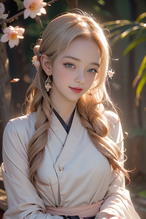 Superb Quality, Masterpiece, High Resolution, 1Girl, Blush, (Charming Smile: 0.8), Star Eyes, Caucasian female wearing hanfu, 25 year old, Hair Accessories, Jewelry, Beauty, topless, Tyndall Effect, Realistic, Peach Blossom Forest, Light Edge, Two-tone Lighting, (High Detail Skin: 1.2), 8K UHD, DSLR, Soft Light, High Quality, Volume Lighting, Voyeur, Photo, High Resolution, 4K, 8K, Background Blur, nsfw, subtle nudity, exposed,edgTemptation