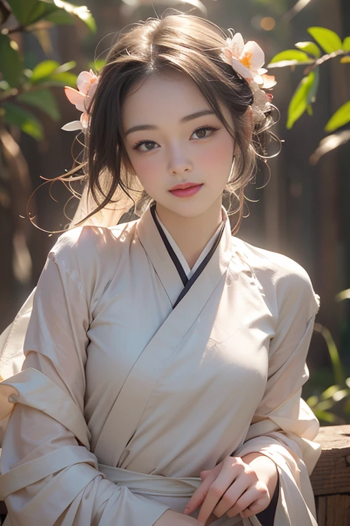 Superb Quality, Masterpiece, High Resolution, 1Girl, Blush, (Charming Smile: 0.8), Star Eyes, Caucasian female wearing hanfu, 25 year old, Hair Accessories, Jewelry, Beauty, topless, Tyndall Effect, Realistic, Peach Blossom Forest, Light Edge, Two-tone Lighting, (High Detail Skin: 1.2), 8K UHD, DSLR, Soft Light, High Quality, Volume Lighting, Voyeur, Photo, High Resolution, 4K, 8K, Background Blur, nsfw, subtle nudity, exposed,edgTemptation