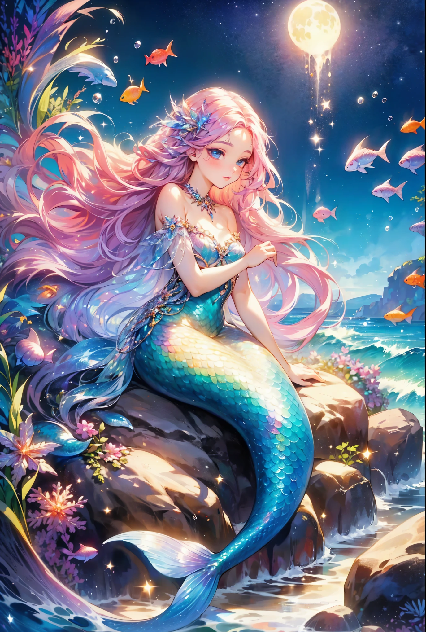 A beautiful mermaid with flowing,iridescent scales and long,flowing hair. She is sitting on a rock by the sea under the moonlight,surrounded by gentle waves and sparkling sea creatures.,(Style: Classic fantasy, realistic),(Details: Long hair, iridescent scales, moonlight, sea creatures, gentle waves),(anatomically correct),Highest quality,great quality,16k,incredibly absurd,very detailed,detailed and beautiful eyes,smooth and beautiful skin,Beautiful hair with shiny details,Draw carefully to the details,Complex gradations like watercolors,Brightly colored,great color balance,happy dream,zentangle elements,rendering,chant colorful spells,((Glitter)),Hologram processing,fantastic,magic effect,Place fine particles of light,Carefully draw the face line,natural makeup,attractive,Perfect proportions