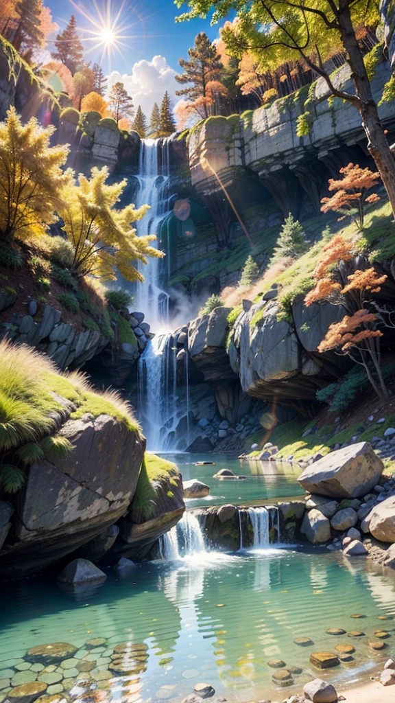 terrain path,
fall,
falls,
lagoon,
groove,
river,
sun,
sun rays,
blue skyes,
fresh climate,